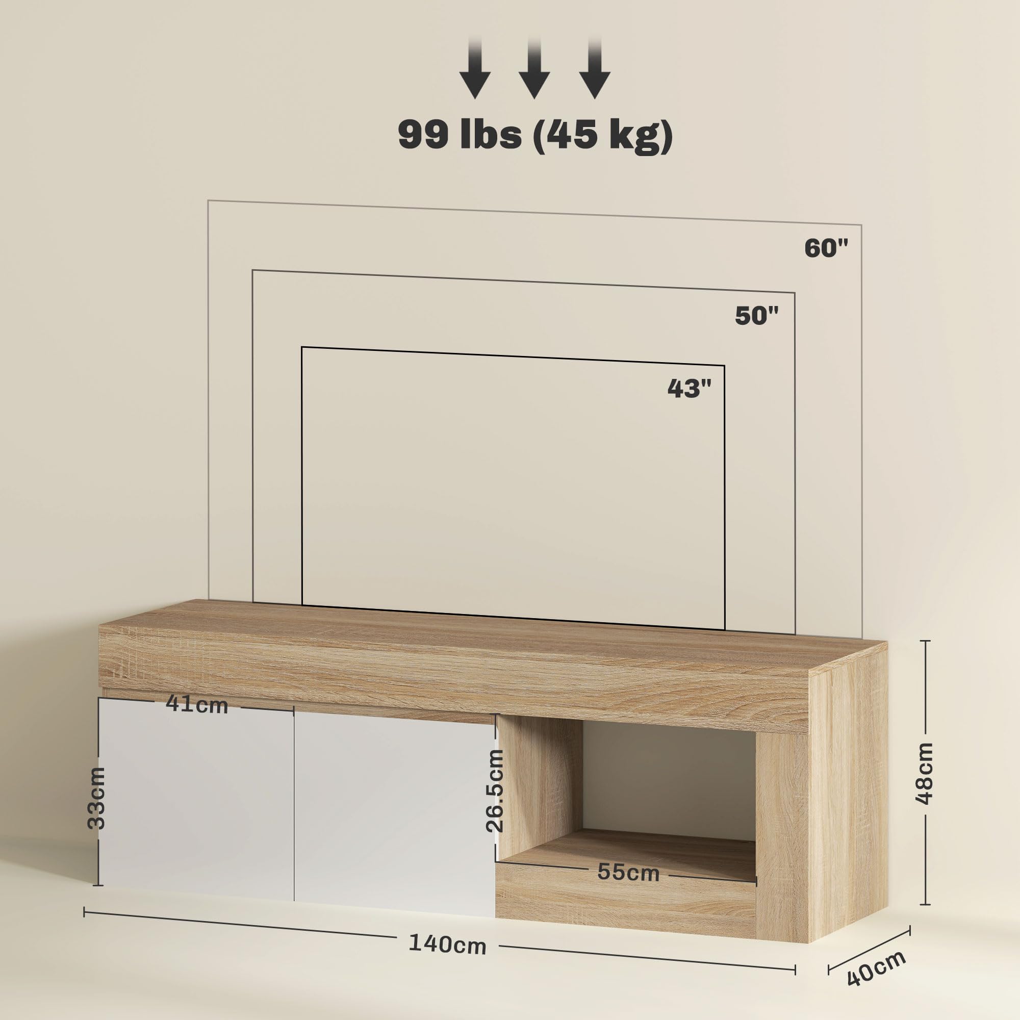 HOMCOM Mobile Porta TV 60" con Armadietto 2 Ante e Ripiano Aperto, Mobile TV in Legno per Salone, Camera da letto, Salotto e Soggiorno, 140x40x48 cm, Legno Naturale