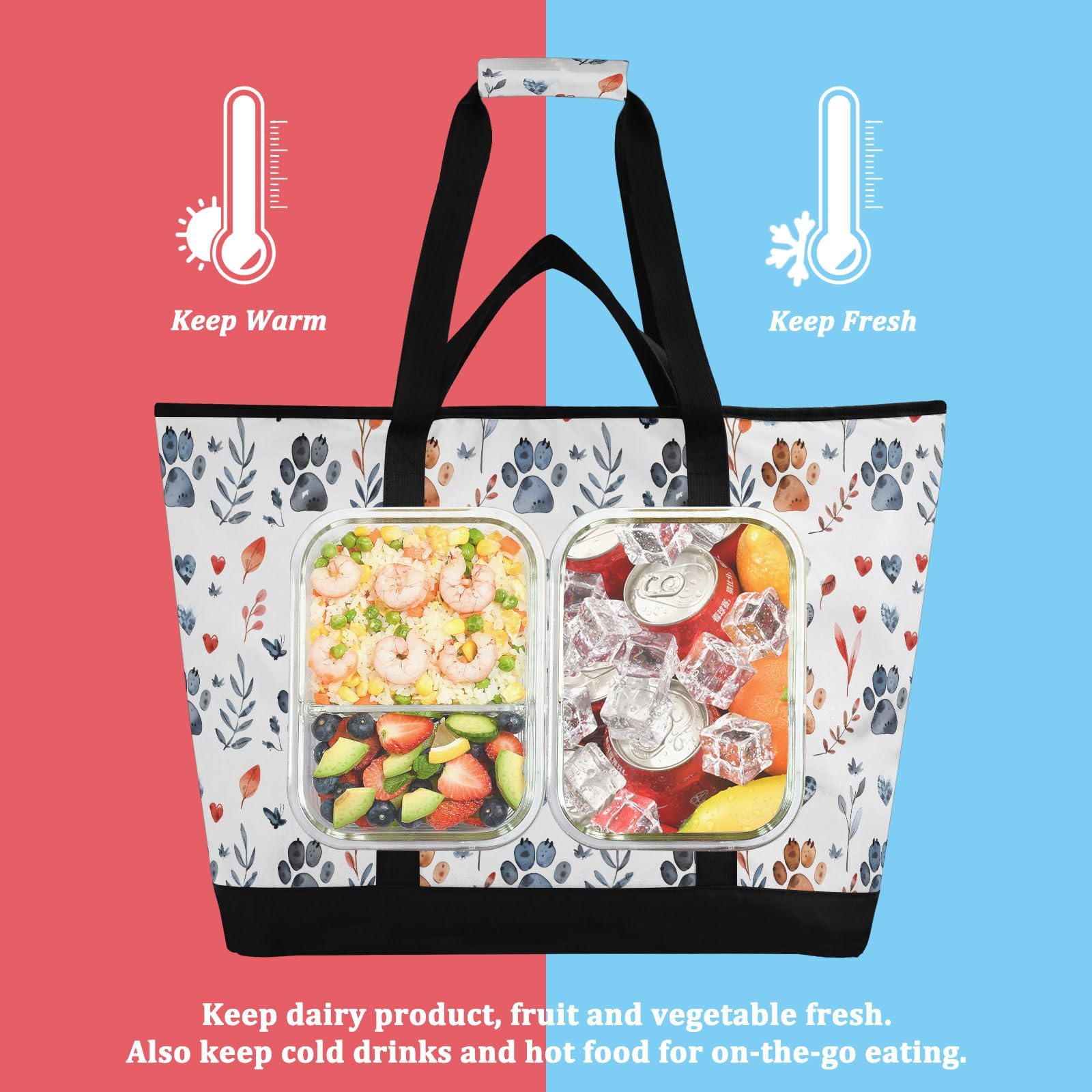 Borsa termica termica con stampa di zampe di cucciolo, borsa termica riutilizzabile, con cerniera, grande, per viaggi o campeggio