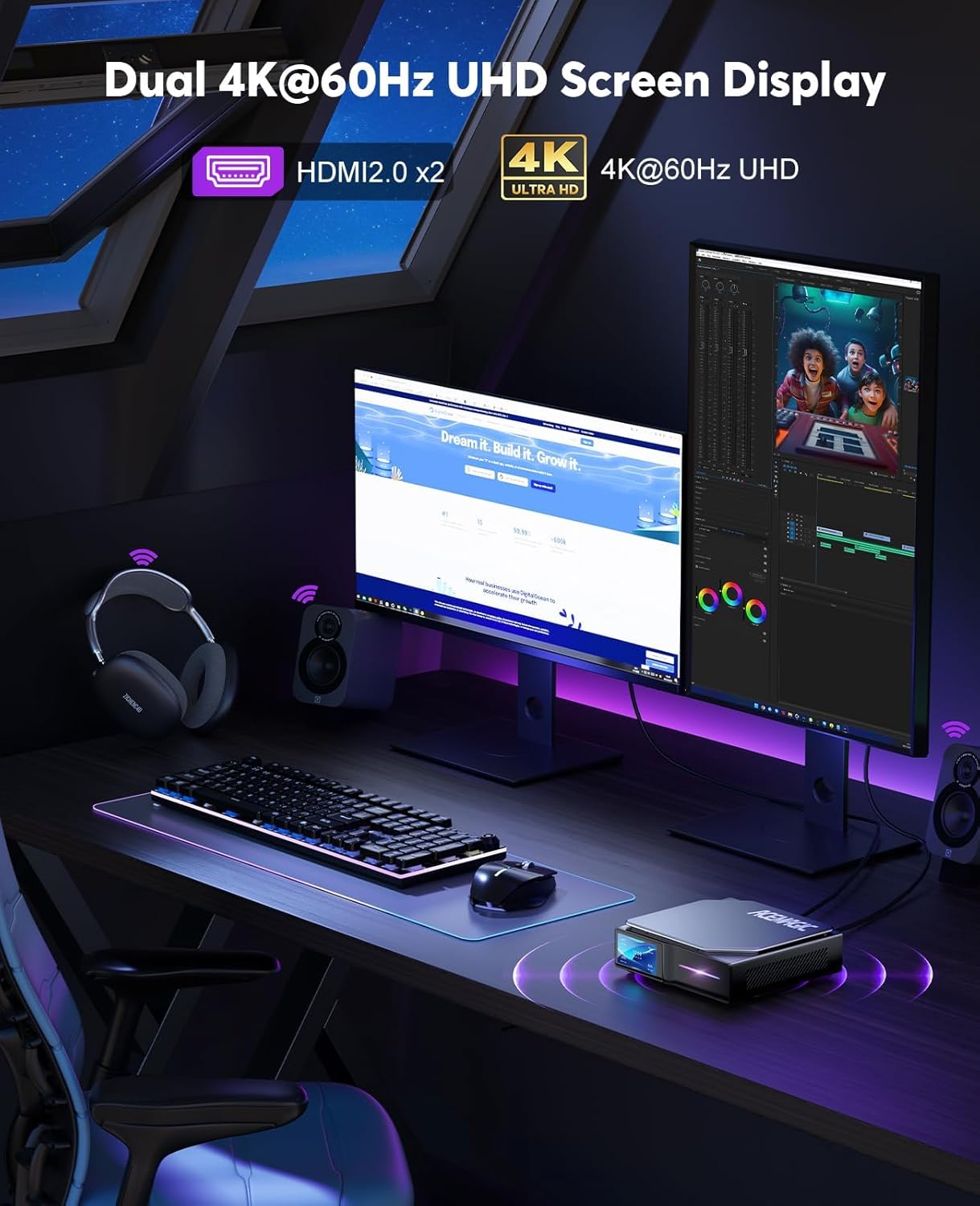 ACEMAGIC S1 Mini PC connected to dual 4K monitors