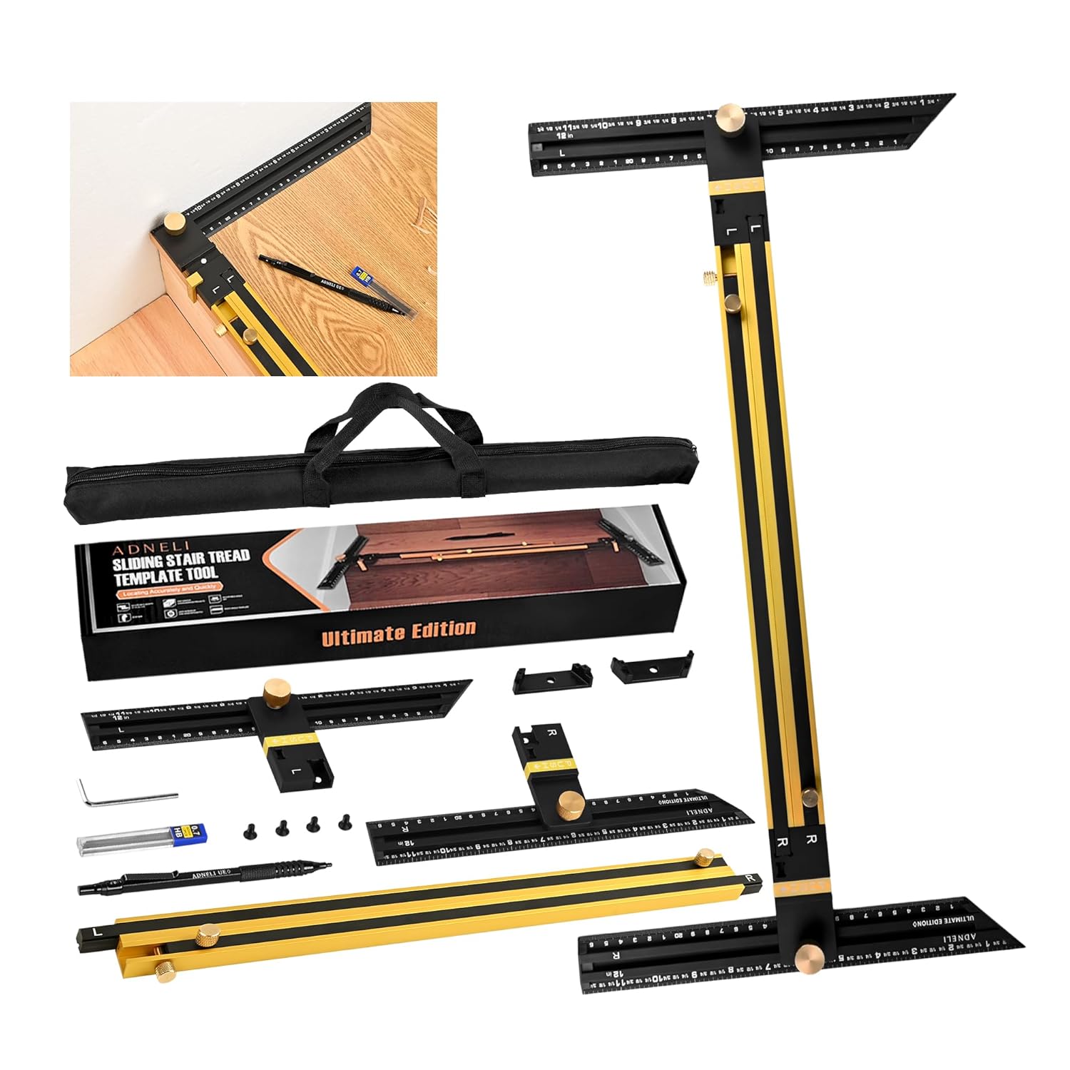 Stair Tread Template Tool (Brass/Black) Stair Tread Measuring Tool - Stair Tread Jig - Stair Tread Gauge - Modern Stair Template Tool