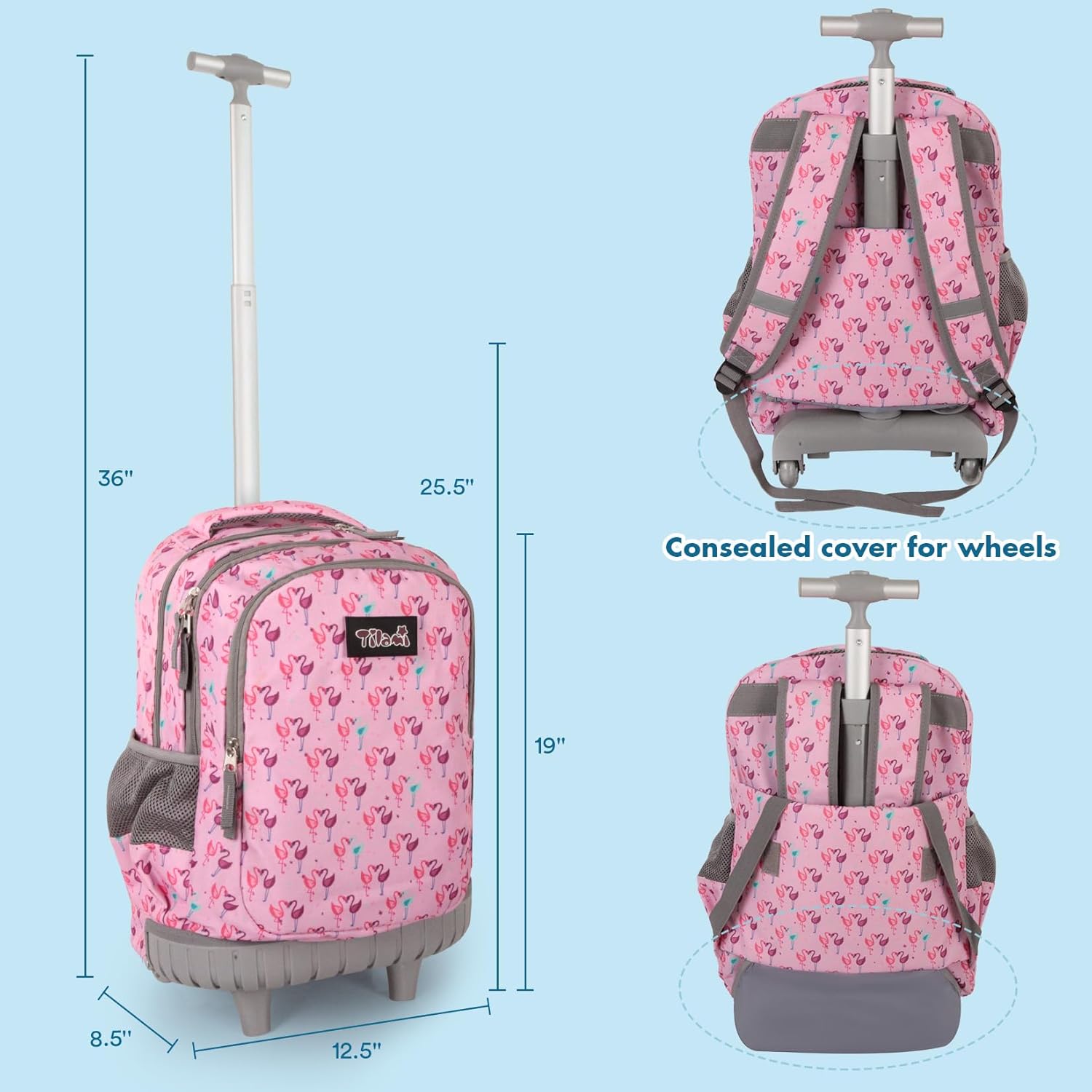 Tilami Rolling Backpack for Boys and Girls,Flamingo