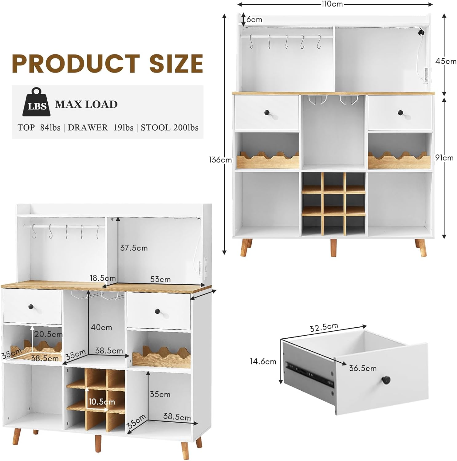 Wine Bar Cabinet with Power Outlet & LED Light, Bar Storage Cabinet with Drawers and Removable Shelves, Wine Cabinet Sideboard for Liquor and Glasses, Coffee Bar Cupboard,Woot
