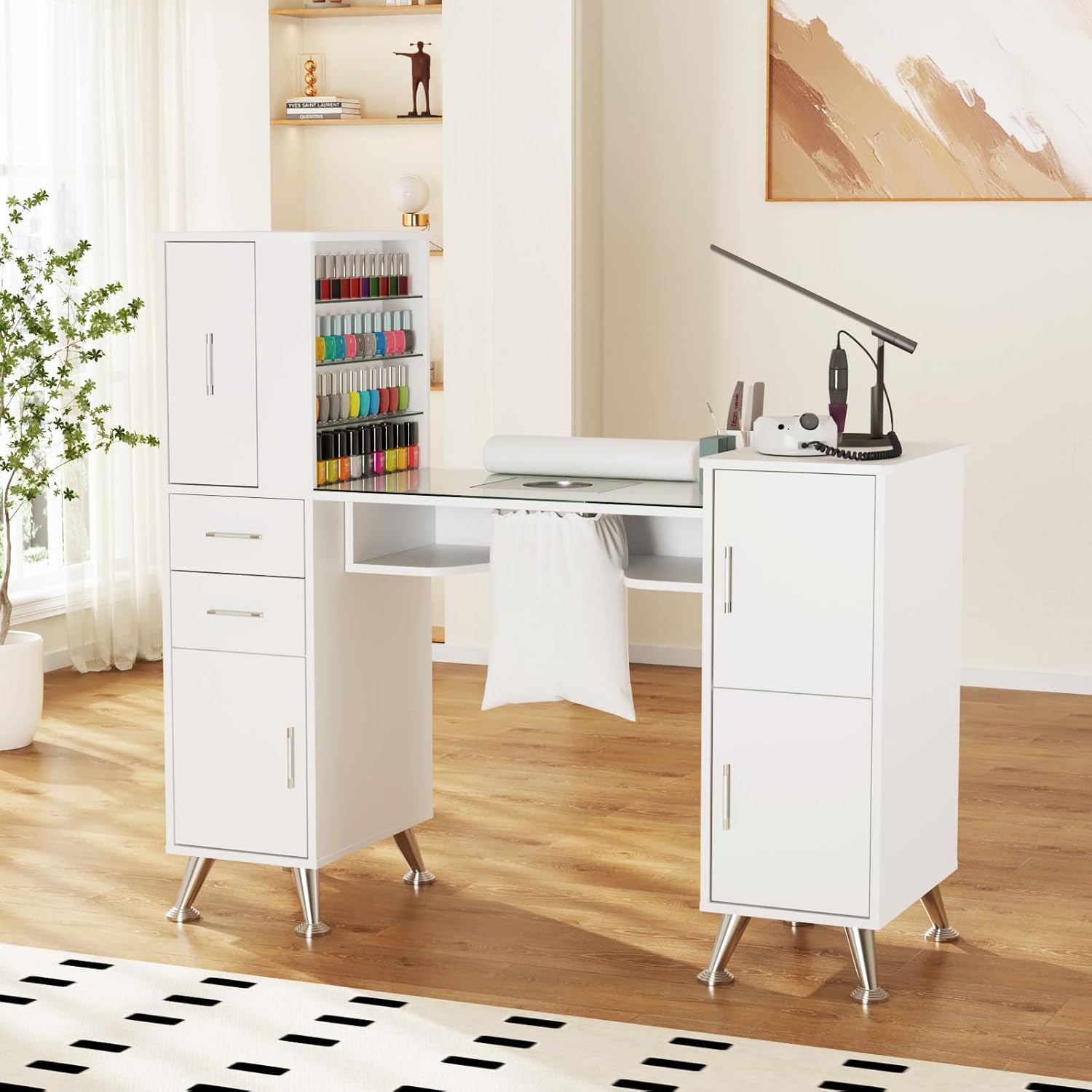 Kikihouse Manicure Table Nail Station w/Glass Top, Dust Collector, 4 Dust Bags, Storage Drawers & Cabinets, Nail Desk Beauty Salon Workstation (White)