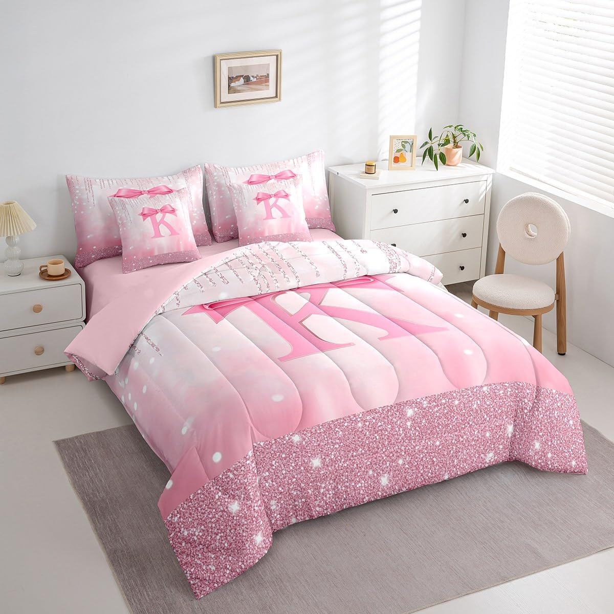 Feelyou Kids Pink Bowknot 7 Pieces Bedding Set Full Size, Personalized Initial K Bed in A Bag Princess Glitter Comforter Set with Sheets Boys Girls Bow Alphabet Teens Bed Set Bedroom Decor 7Pcs