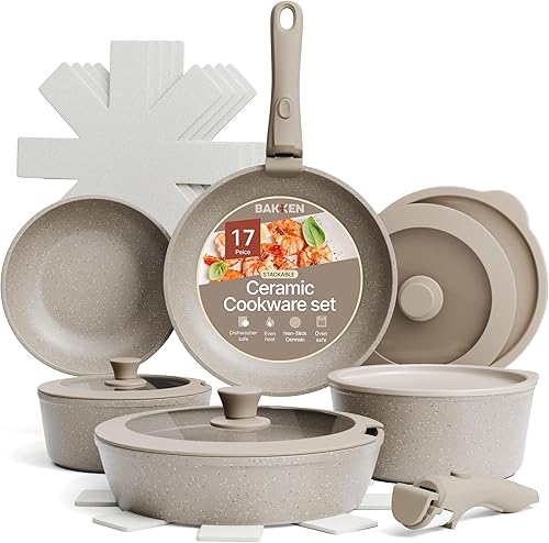 Bakken - Juego de utensilios de cocina de aluminio recubierto de cerámica de 17 piezas, ollas y sartenes antiadherentes con tapas, utensilios de