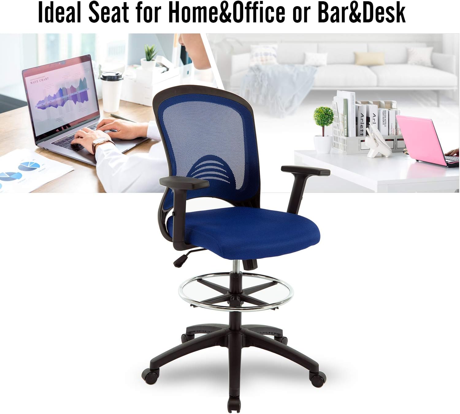 Ergonomic Mesh Office Drafting Chair - Adjustable Height with arms, Tall Office Computer Reception Desk Chair (Blue -1) : Office Products