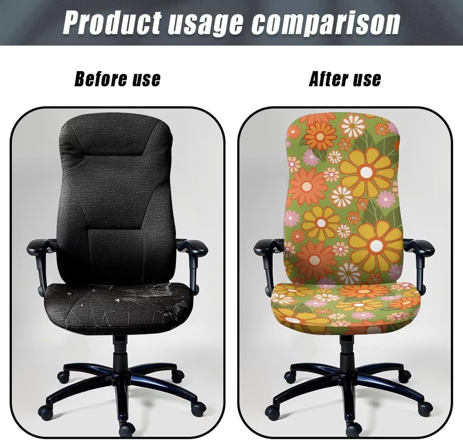Green Hippie Floral Office Chair Cover Set, Anti Dust Gaming Chair Seat Cover with No Arm Rest Covers, Stretchable Rotating Boss Chairs Slipcover, Home Decor Size S