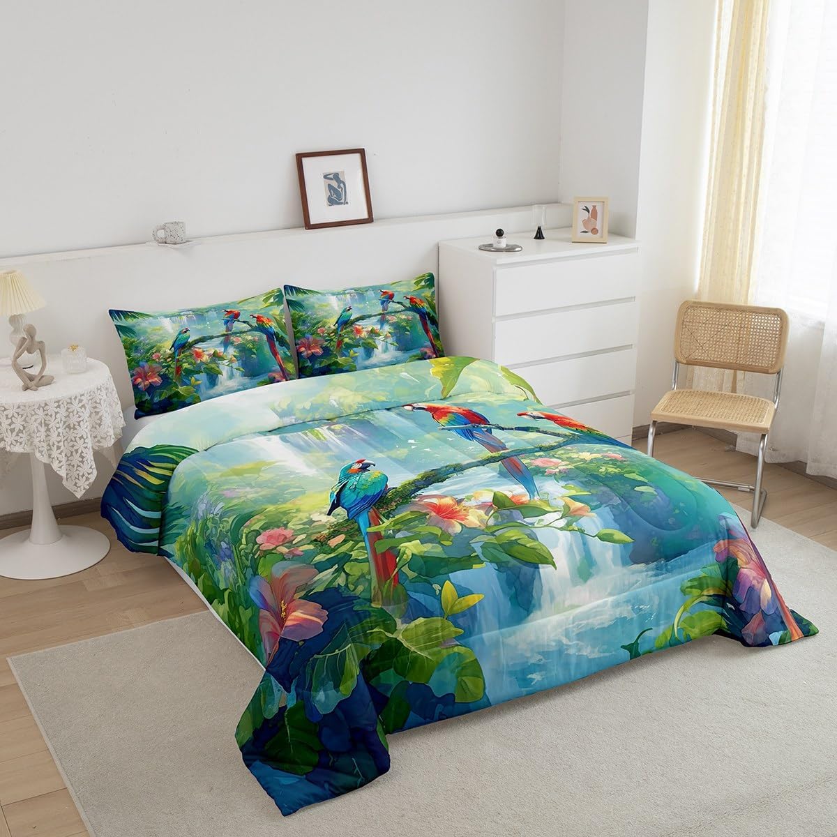 jejeloiu Parrot Comforter Set Full Size Kids Blossom Flowers Floral Pattern Bedding Set for Boys Girls Woodland Tree Branch Bird Animals Nature Theme Duvet Quilt Room Decor