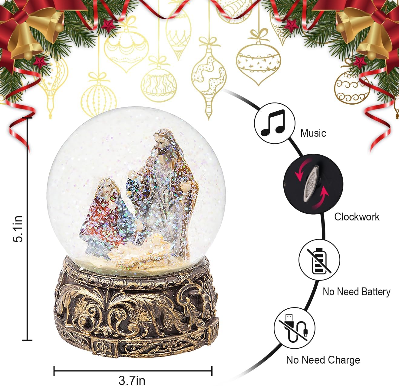 Snow Globes Glitter Water Globe Musical Snow Globe Decoration Plays Music, Nativity Christmas Snow Globes - Image 5