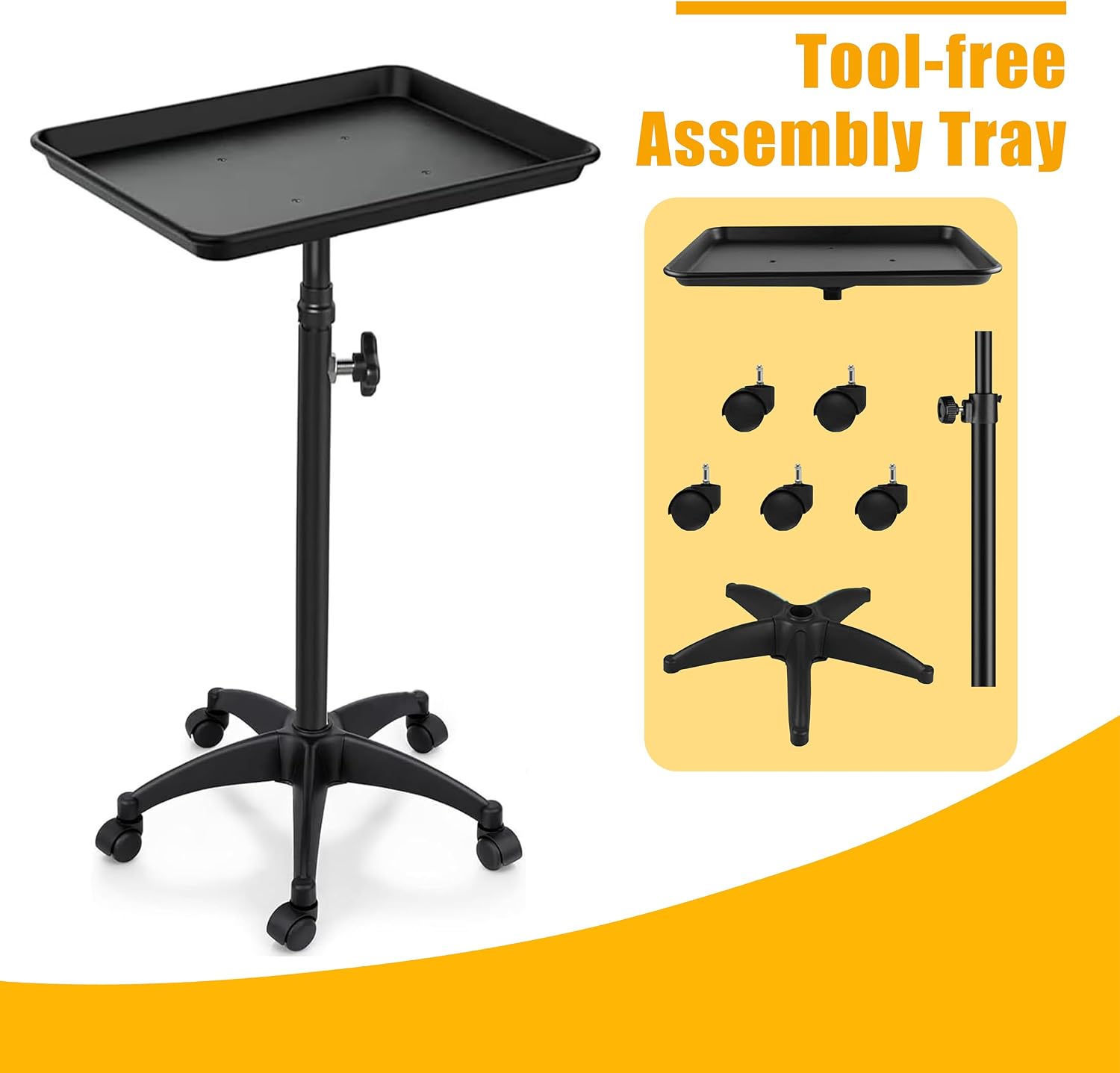 Salon Tray Cart on Wheels, Tattoo Tray Rolling Trolley - Adjustable Height, Hair Color Tray and Hair Stylist Tray, Storage Utility Cart for Clinic Spa Rolling Tray (Black)