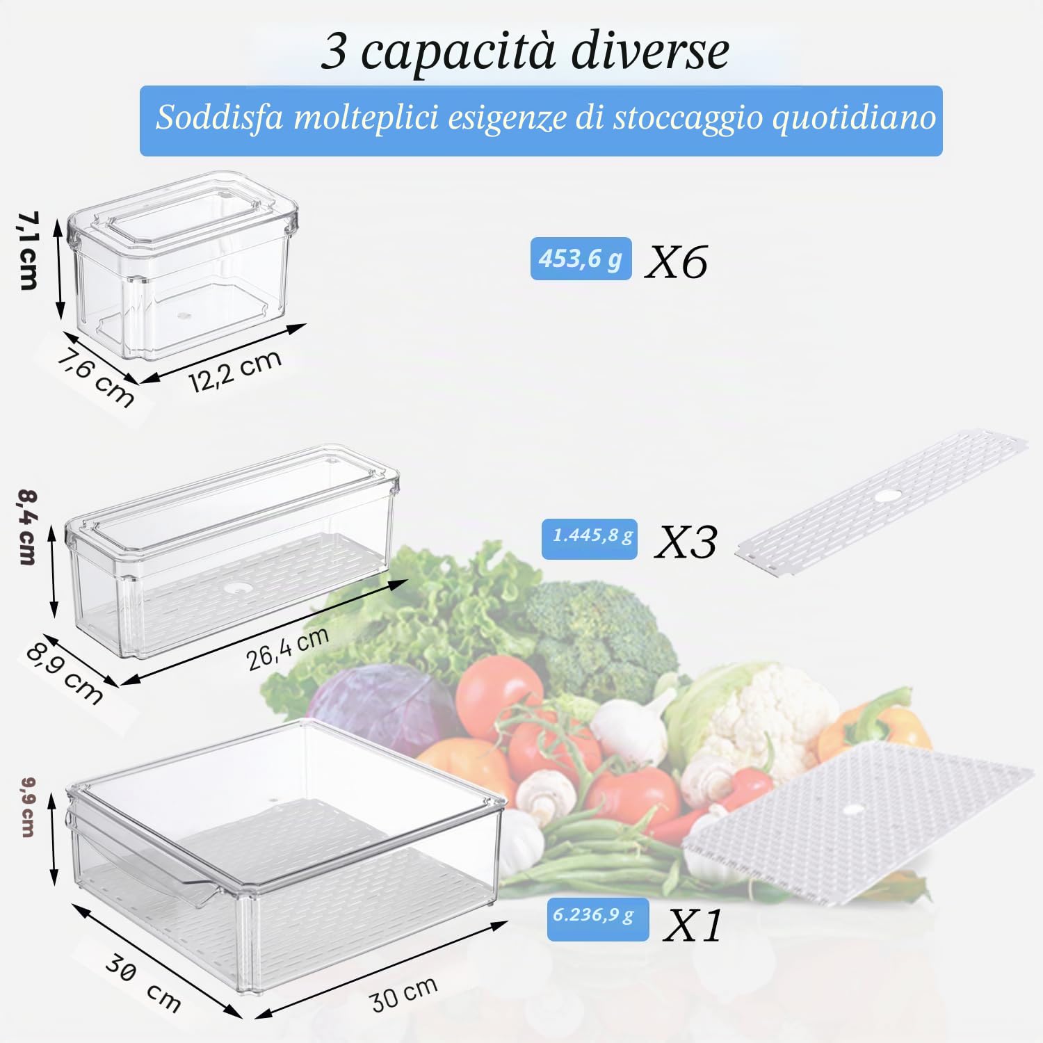 KUMD Organizer Frigorifero 10 Pezzi, Transparenti, Senza BPA - Contenitori frigo con Coperchi per Frutta, Verdura e Cucina, Accessori Frigorifero