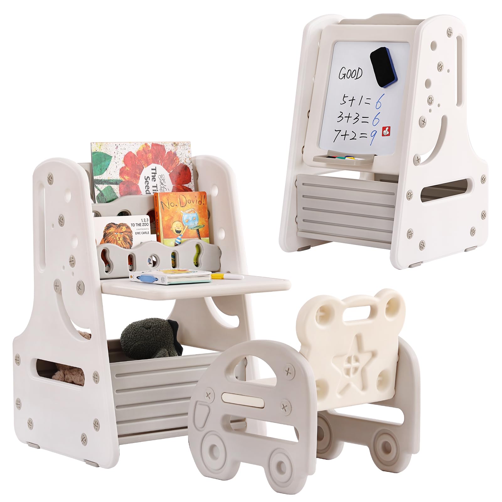 Juego de mesa y silla para niños, caballete de arte convertible 3 en 1 y estantería de exhibición con tablero de pintura magnético, estante de almacenamiento inferior, caballete de pie con