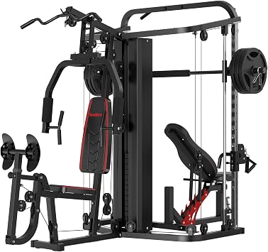 SunHome Multifunction Home Gym Equipment Workout Station, Smith Machine with 138LB Weight Stack, Leg Press, LAT Station for Full Body Training