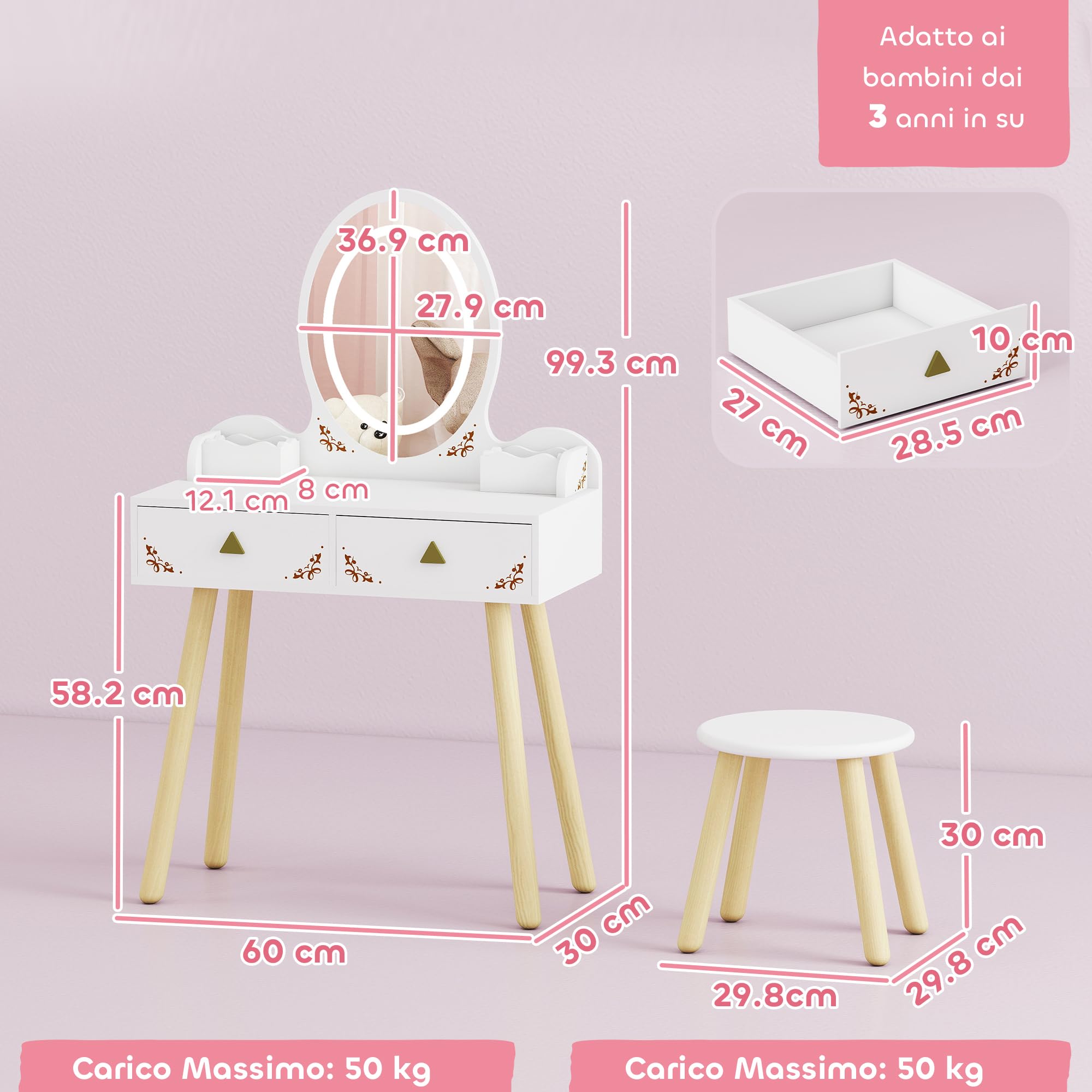 AIYAPLAY Set Toeletta 2 in 1 con Specchio Illuminato e Sgabello, Tavolo da Trucco con Luce LED a 3 Colori, 2 Cassetti e 2 Scatole in Legno, Tavolino per Bambini da 3+ Anni, Bianco