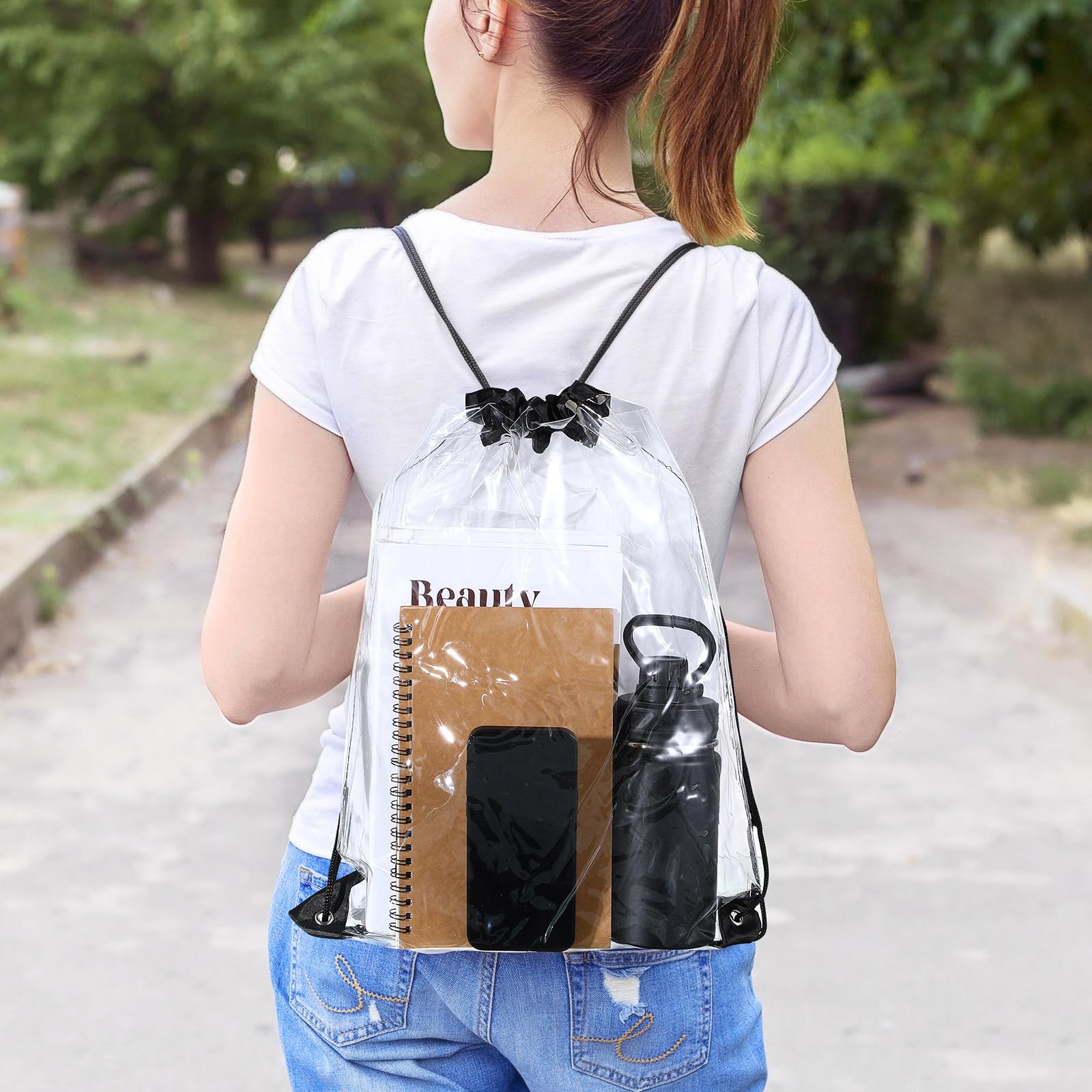 Silkfly Clear Drawstring Backpacks Bulk Stadium Approved Bags for Men Women Gym Sport Colleges Event Security (Black)