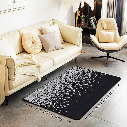 Miniatura 3 de jejeloiu Alfombra de área de 5 x 7 con diamantes para interiores, impresión con purpurina (sin purpurina), alfombras negras para sala de estar,