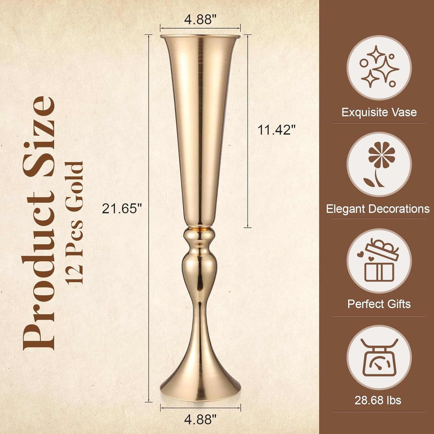 12 Pcs Tall Gold Trumpet Vases for Centerpieces & Wedding Tables - 21.65" Tall Gold Flower Vase Set with Weighted Base, Metal Trumpet Centerpieces for Tables (Bases para Centros de Mesa)