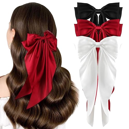 3 pinzas de satén sedoso para mujeres y niñas, bonitos clips de lazo para el pelo de cinta de gran tamaño con cola larga, pinzas de metal para cola
