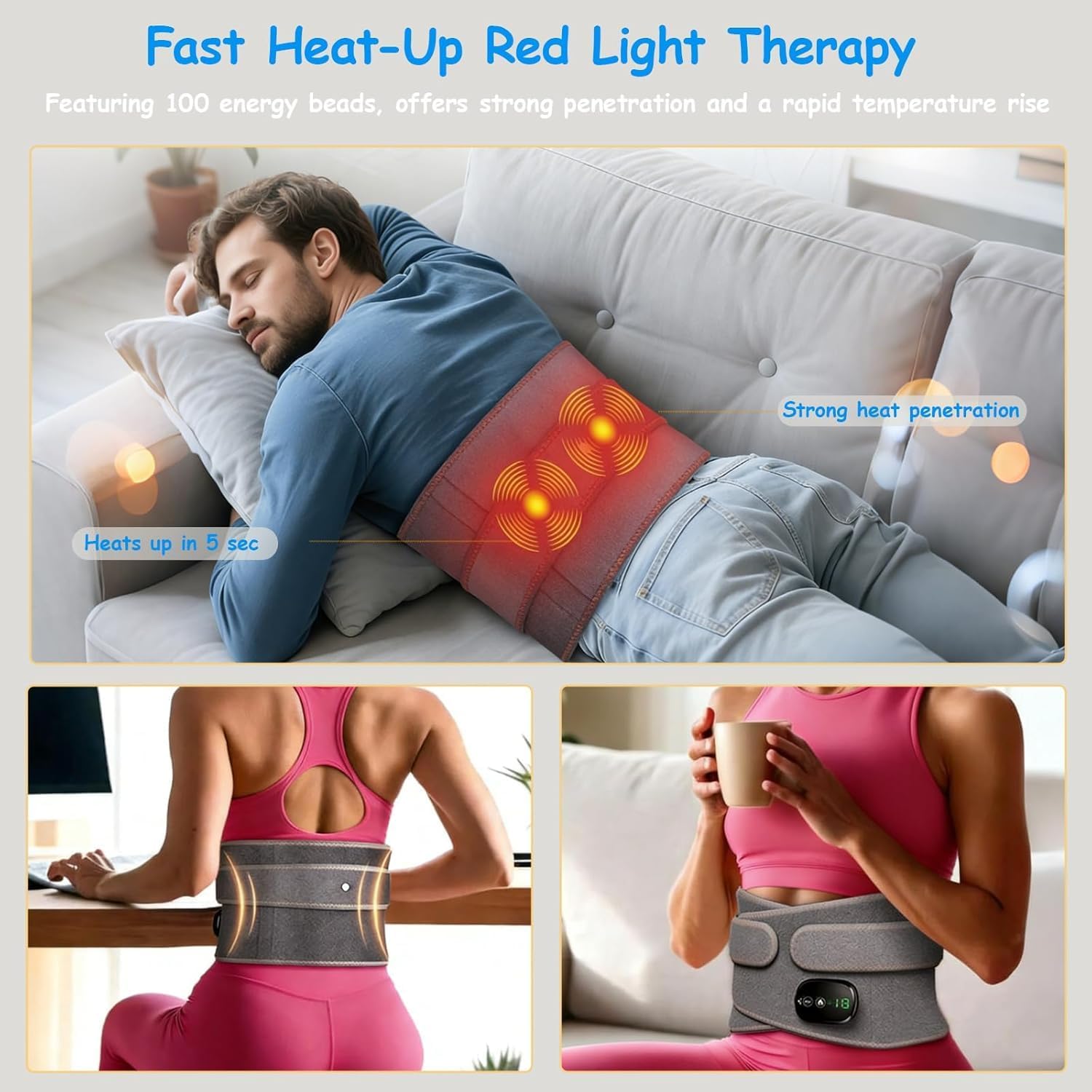 Cordless Heating Pad for Back with Massager, Portable Lower Back Massager with Heat Vibration 3 Levels Adjustable, Thoughtful Mother's Day Father's Day Anniversary Birthday Gifts for Mom Dad Women Men