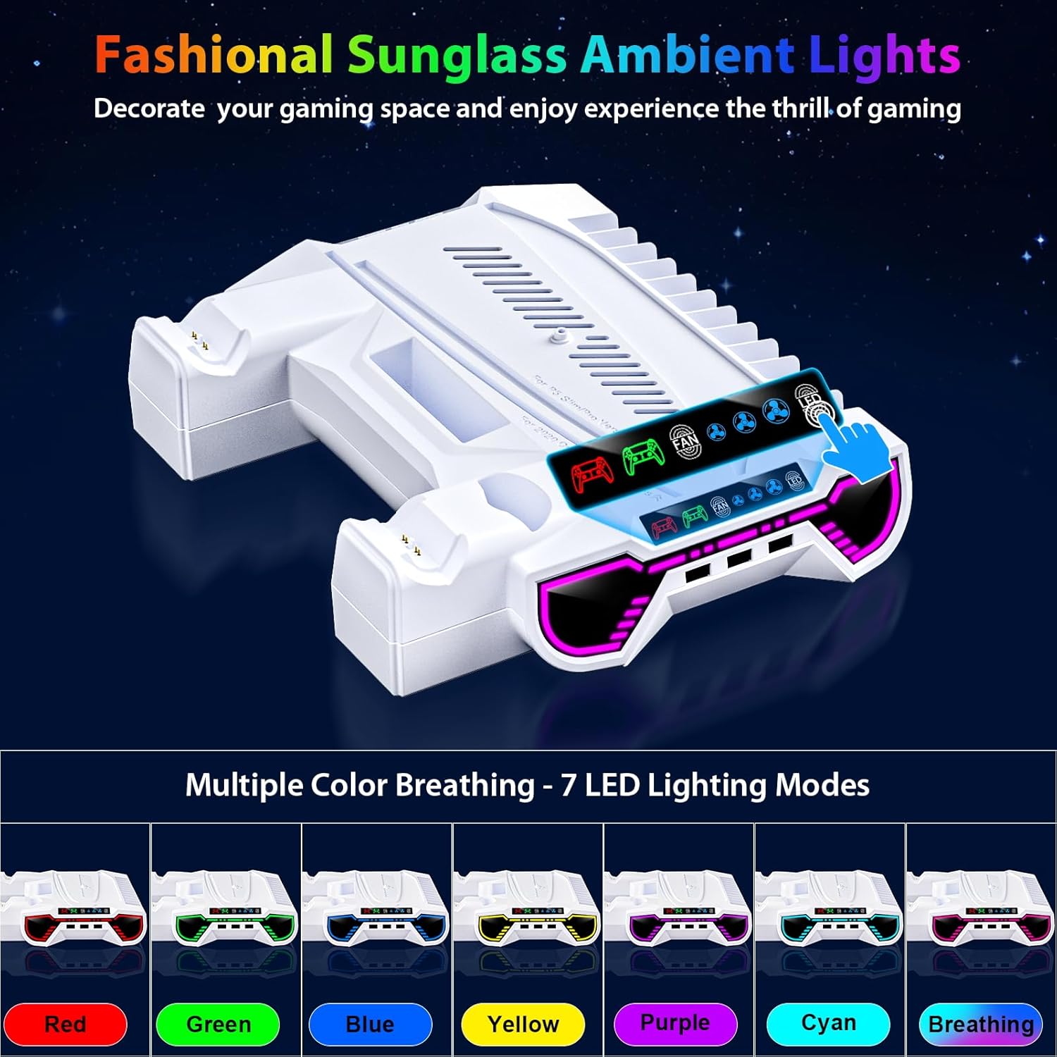 PS5/Slim/Pro Cooling Station and Controller Charging Station with LED Stand for PlayStation 5 Console - PS5 Controller Charger, Cooling Stand Accessory Kit-Cooler Fan/Headset Holder/3 USB Hub, White - Image 7