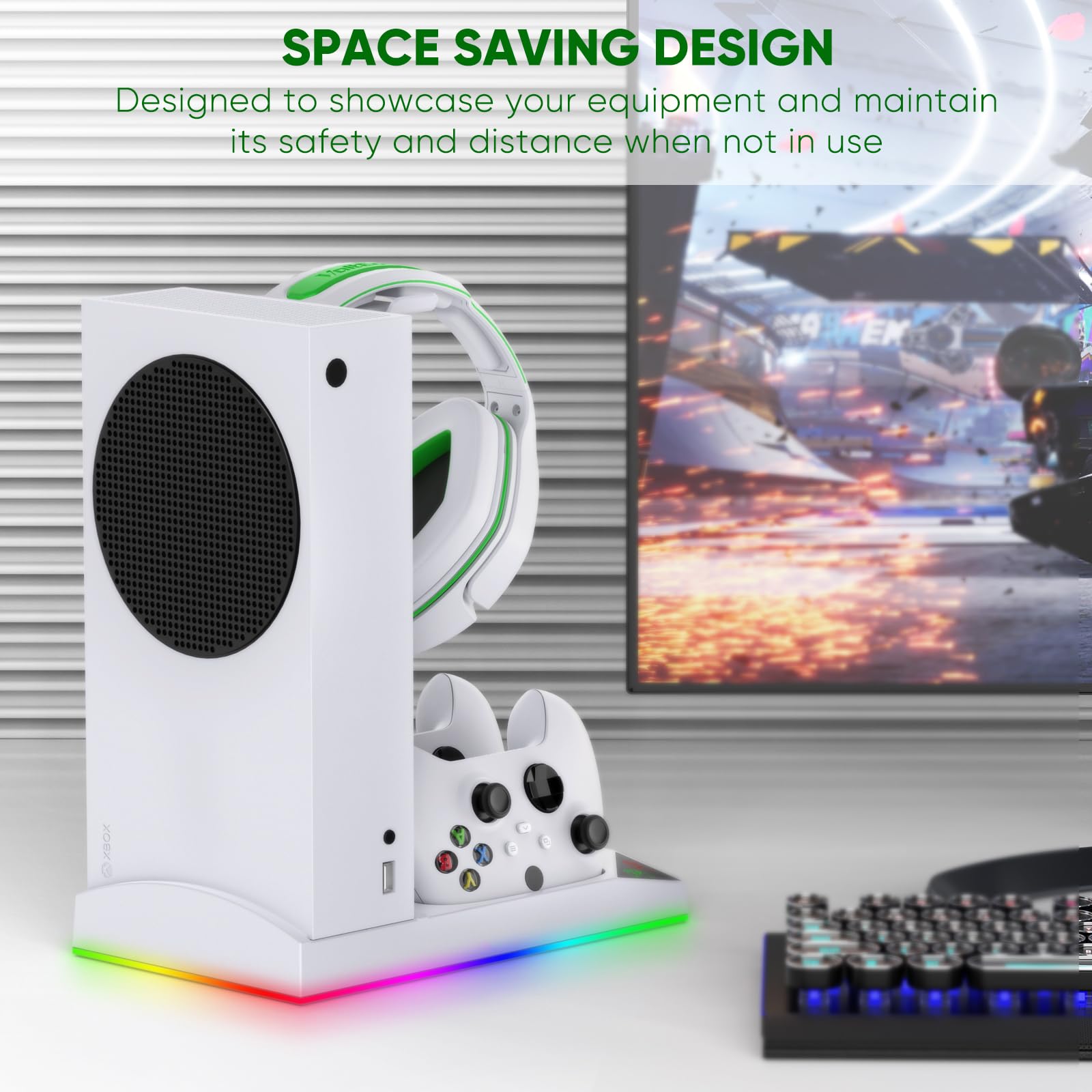 FYOUNG Upgrade RGB Kühllüfter Stand für Xbox Series S Konsole mit 15 Buntem Licht, Dual Controller Ladestation Kühler Base System für Xbox Series S Zubehör mit 2 * 1400mAh wiederaufladbare Batterie