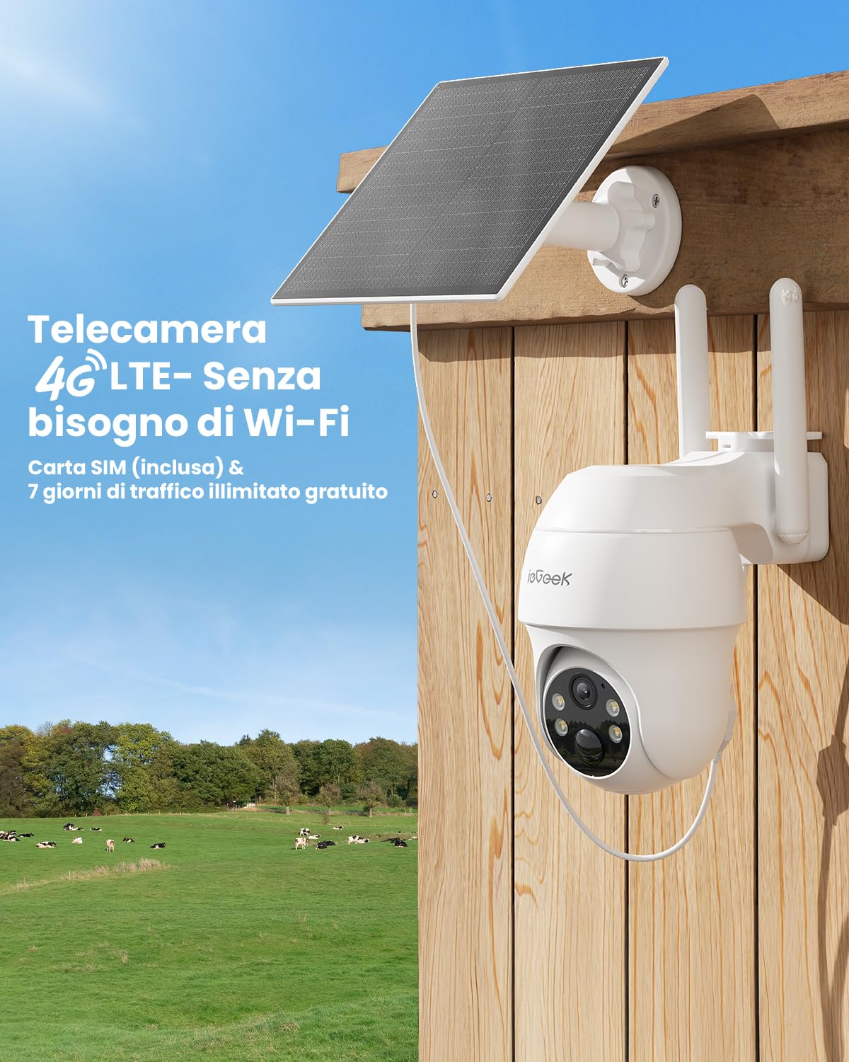 ieGeek 4G Telecamera da Esterno senza Fili,2K 3MP Telecamera Pannello Solare con Sim,Batteria 10000mAh,PTZ 360°,Rilevamento PIR,Visione Notturna a Colori,Chiamata bidirezionale,IP65(Senza WiFi)