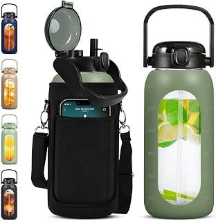 Glass Water Bottles 64 oz - Half Gallon Water Bottle with Straw Phone Holder Handle Time Marker and Silicone Sleeve, Large Motivational Water Jug with Carrier Bag for Daily Intake Gym - Olive