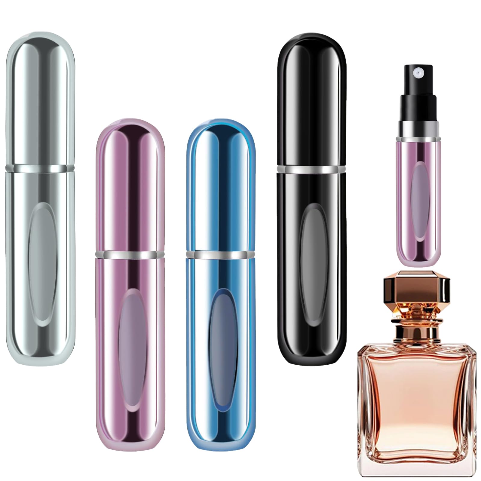 Photo 1 of opasyo Refillable Perfume Portable Atomizer Bottle Refillable Perfume Spray, Leak-Proof Perfume Spray Bottle, Travel Perfume for Traveling and Outgoing (5ml, 4 Pack Silver/Pink/Blue/Black)