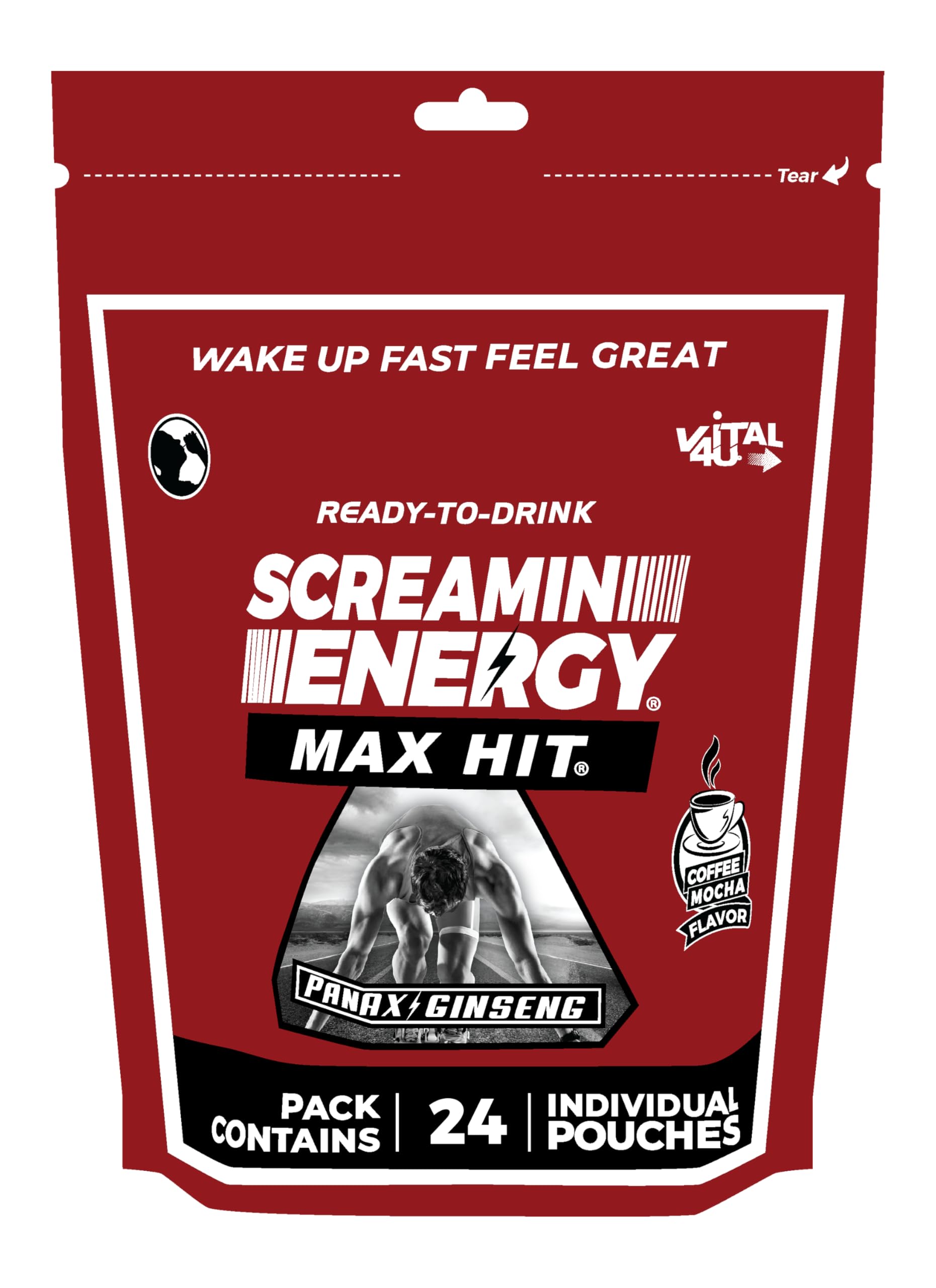 Screamin Energy Max Hit - Energy Shots Extra Strength with Ginseng & Caffeine - 100% B-1, B-2, B-3, B-6, B-7 and B12 Coffee Mocha, 24 Count