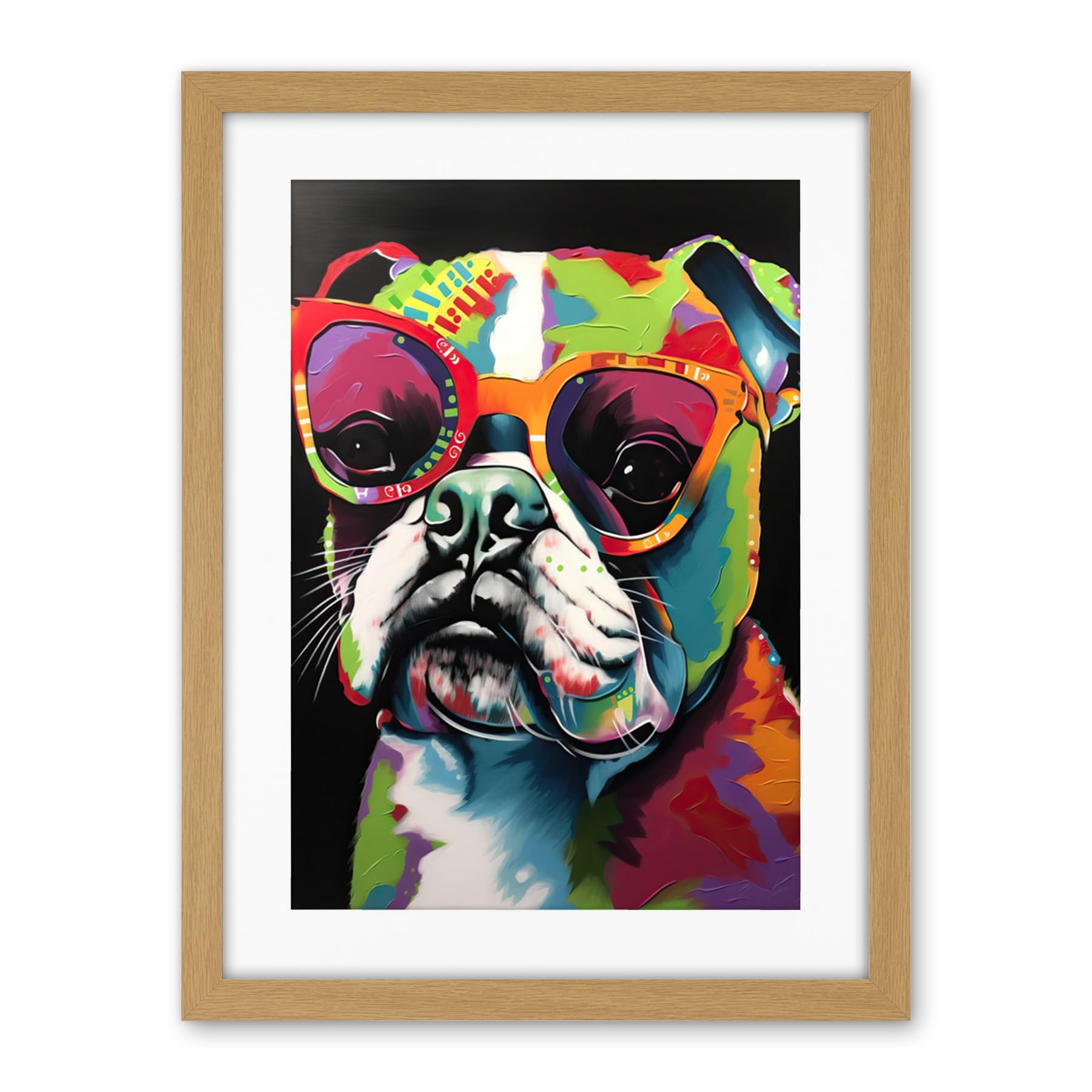 Artery8 Rainbow Colour English Bulldog Puppy in Sunglasses Artwork Framed Wall Art Print 18X24 Inch
