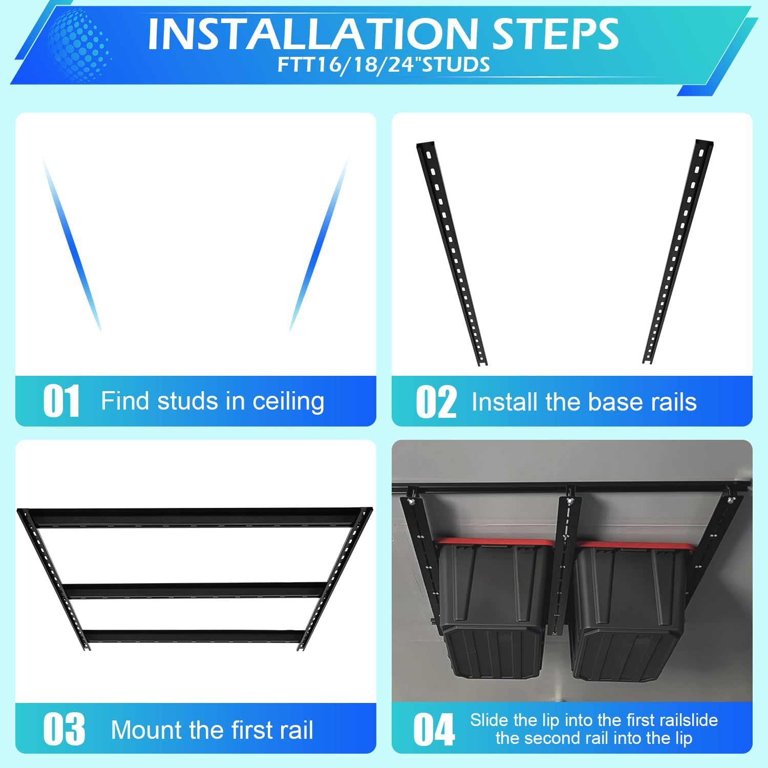 Overhead Garage Storage Racks, Adjustable Ceiling Tote Storage Rails, Heavy Duty Garage Organizer Hanging Storage Rack for Most Storage Bins/Totes, 48" x 48"