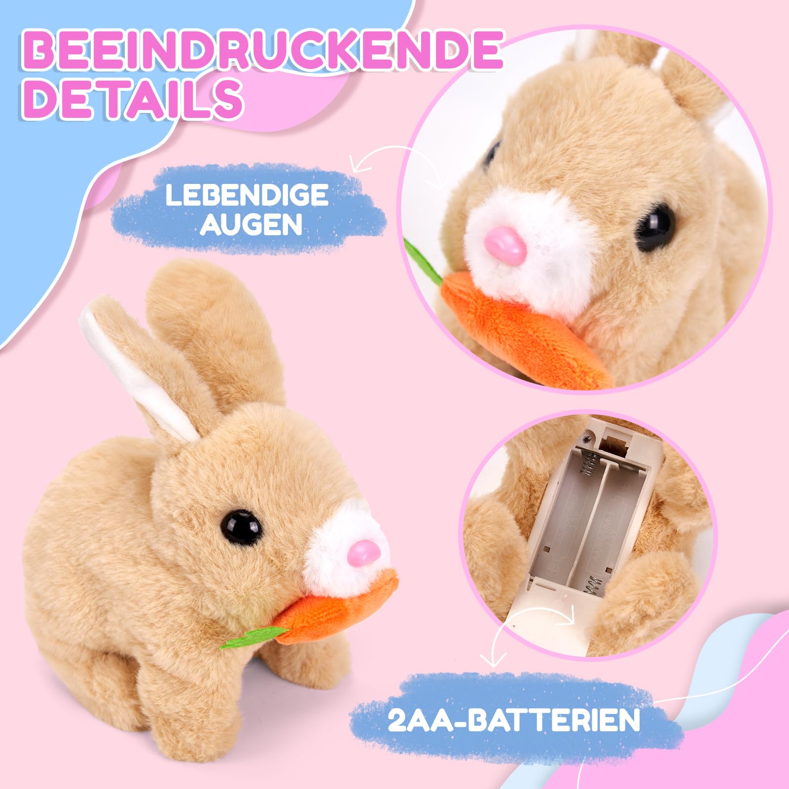 Giocattoli interattivi, coniglio che salta, coniglio di peluche piccoli, suoni e orecchie e naso si muovono, coniglietto di peluche per regali di Pasqua (marrone chiaro + confezione regalo)