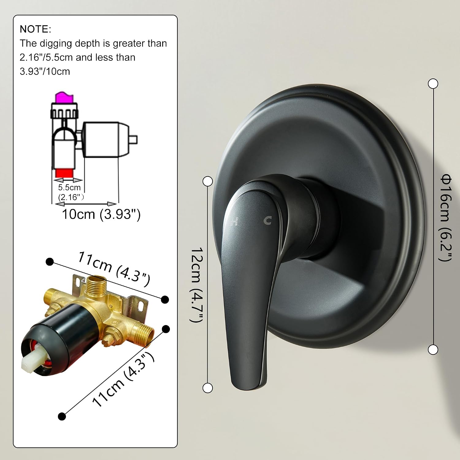 Matte Black Shower Handle Valve, Pressure Balance Valve Trim with Cartridge,Single Function Bathroom Brass Shower Mixer Valve