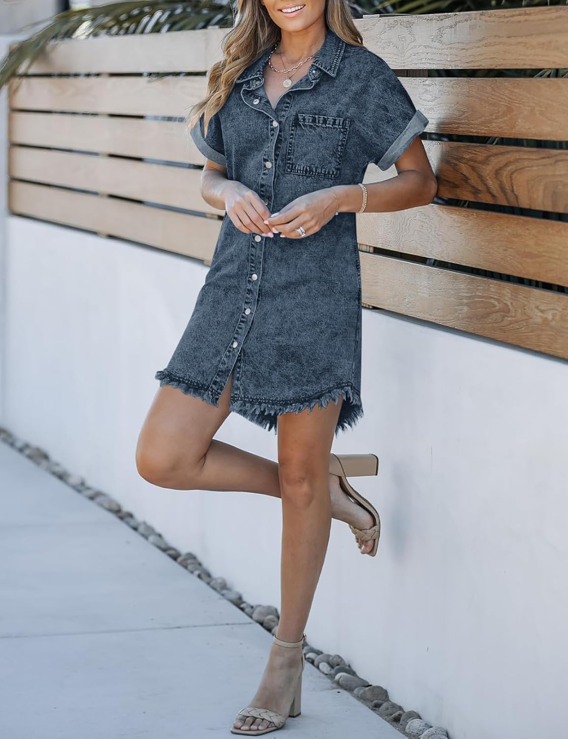 BestGirl Denim Shirt Dress for Women Short Sleeve Button Down Casual Summer Jean Dresses - Image 3