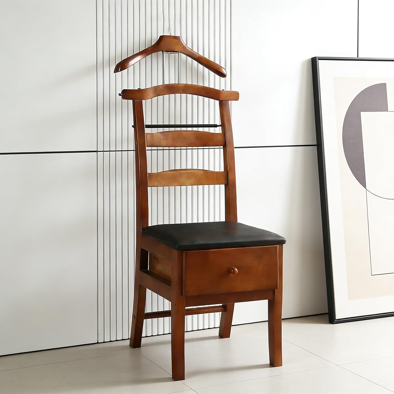 Floor Standing Wooden Valet Stand, Freestanding Wooden Chair Valet Stand, with Drawer Trouser Bar and Tie Belt Bar, Suitable for Bathroom Office Bedroom Hotel and Entryway