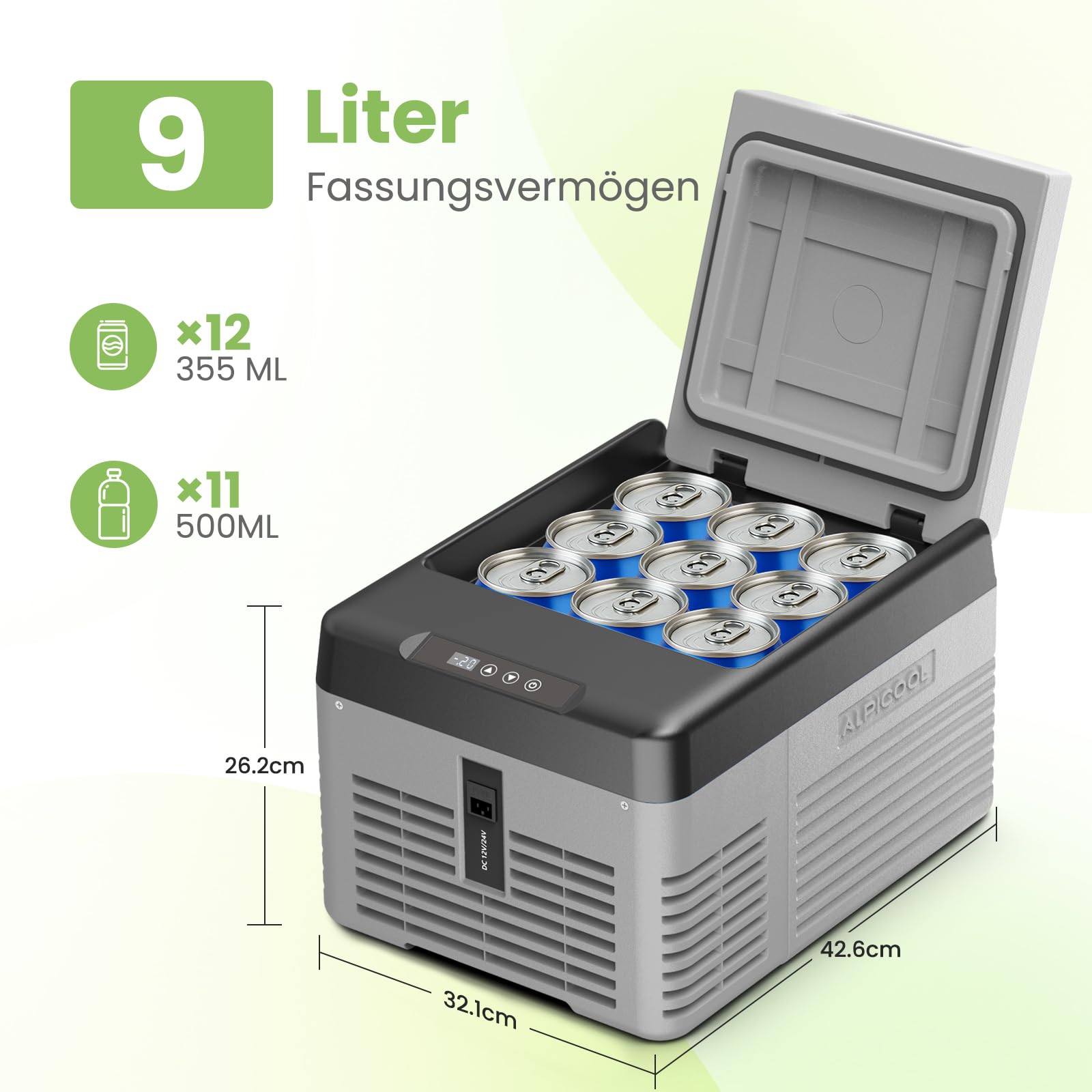 Alpicool CL9 9L Kompressor Kühlbox Klein, 2026 NEU Mini Kühlschrank für Auto, Kühlbox 12V 230V Kompressor Tragbarer für Camping, Angeln, Fahrten, Boot, Reisemobil, -20℃-20℃