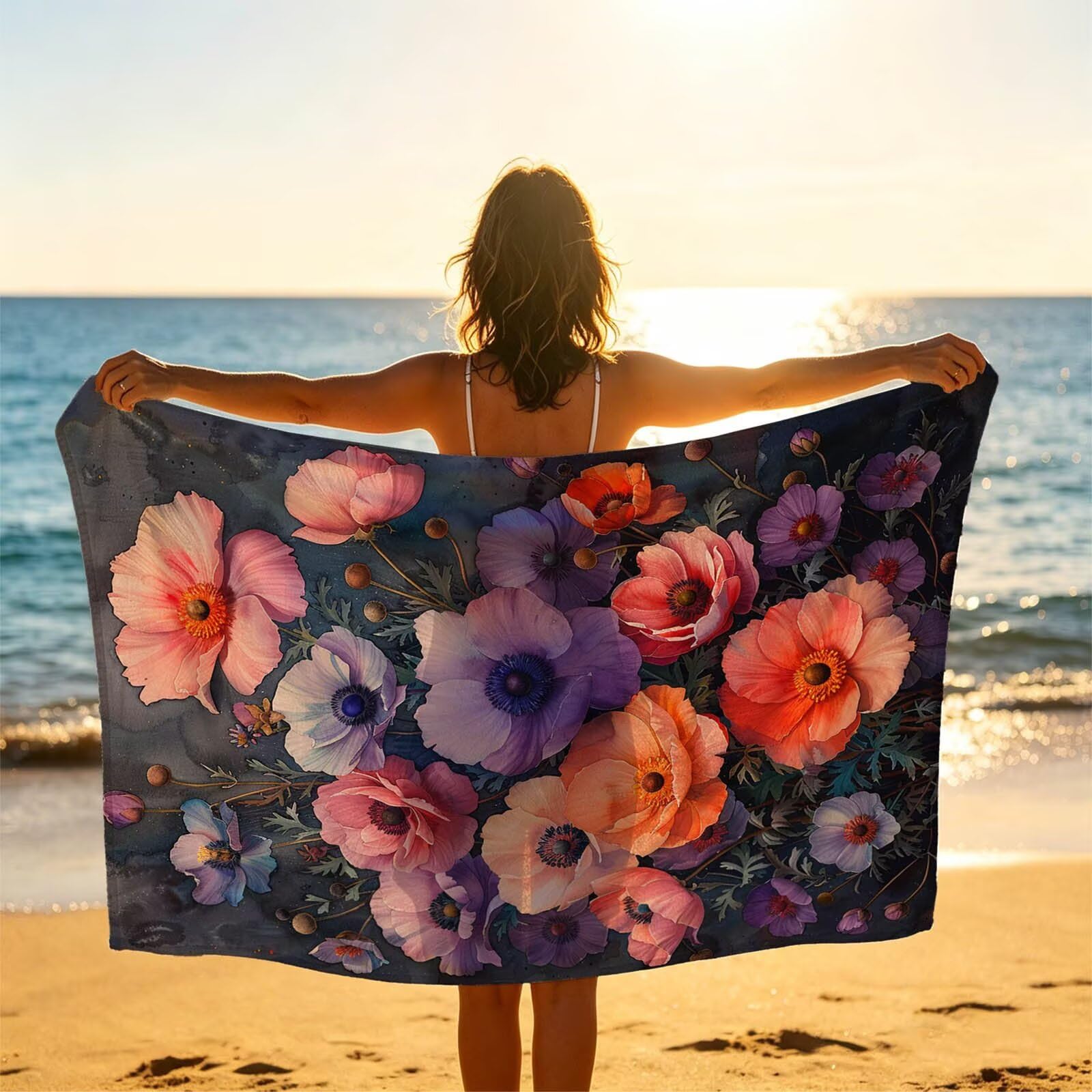 Púrpura Toalla Playa 220 x 160 Resistente a la arena Secado rápido Ligero, Toalla Playa Grande 160x220cm Suave Cómodo como Gym Yoga Sauna Toallas Baño Grandes Exterior Travel Essentials Flor XTLS-3797