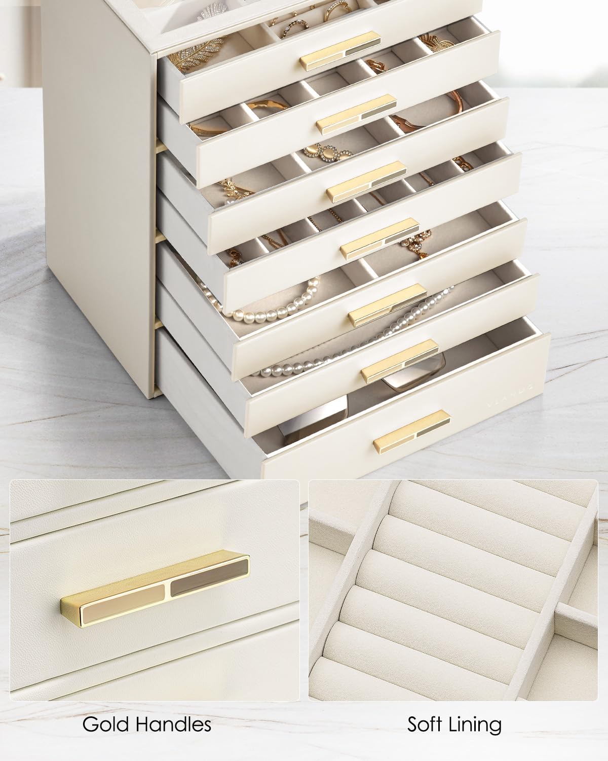 VLANDO Boîte à bijoux à 7 niveaux, boîte à bijoux, rangement de bijoux, organiseur de bijoux avec couvercle en verre, pour colliers, boucles d'oreilles, montres, bracelets, moderne, beige