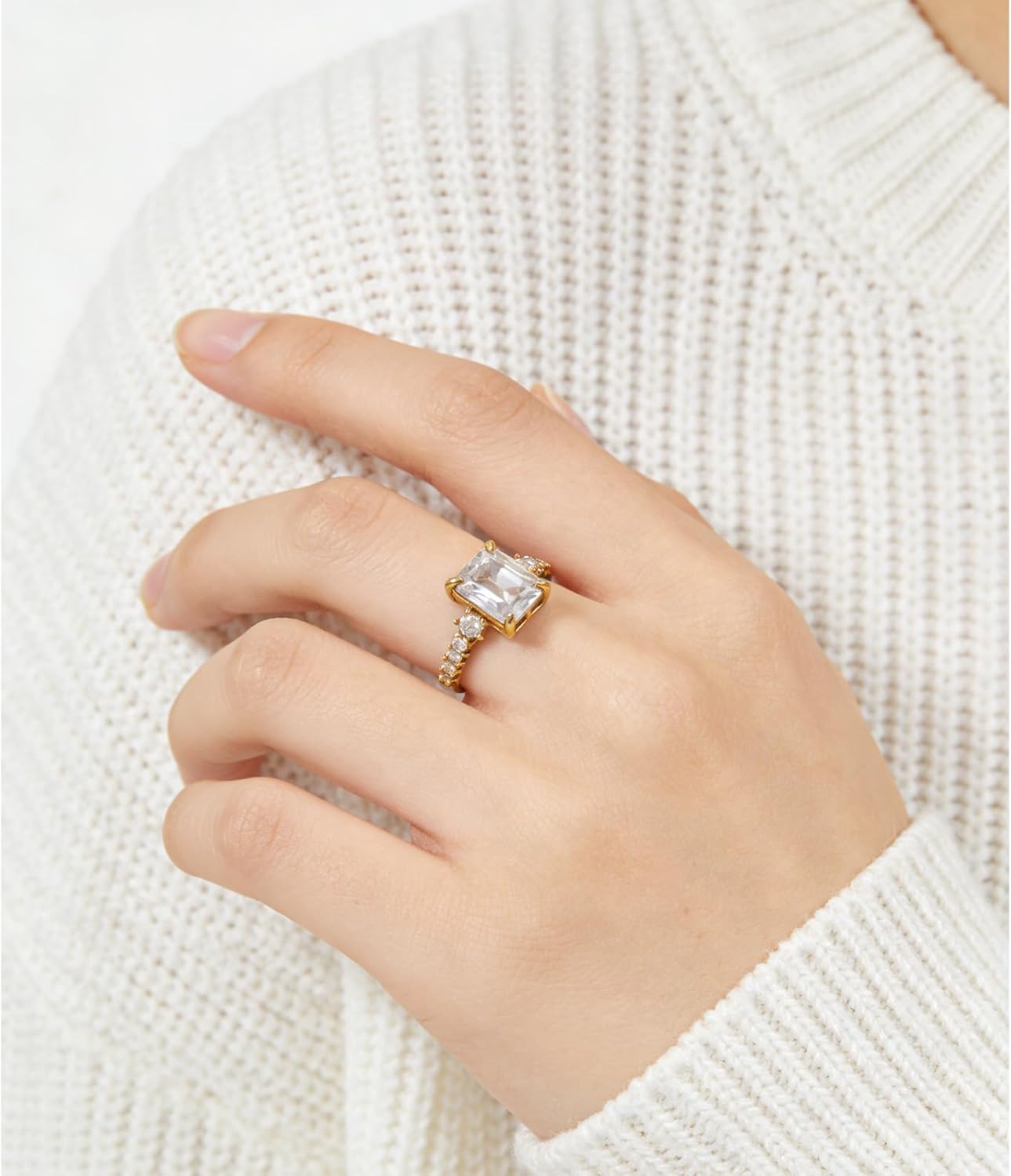 CZ 925 Sterling Silver Gold Plated Engagement Ring for Women,Radiant Cut Cubic Zirconia Minimalist Band Rings Jewelry Gifts for Her,Dainty Simple Promise Ladies' Ring for Wedding Daily Size:6-10