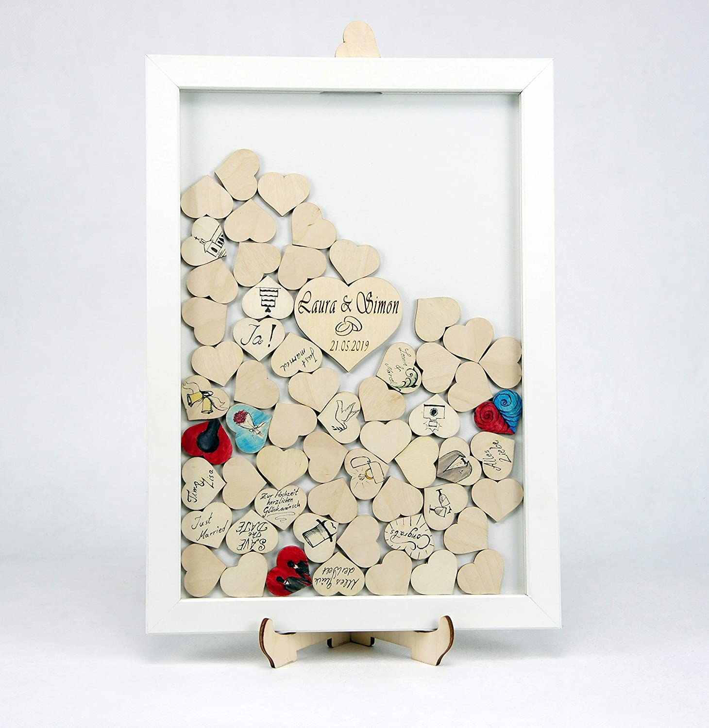 Besonderes personalisierbares Gästebuch aus Holz 56 x 41 cm weiß lackiert + Herzen zum Beschriften z.B. für Hochzeit - Hochzeitsgästebuch mit Echtglas made in Germany