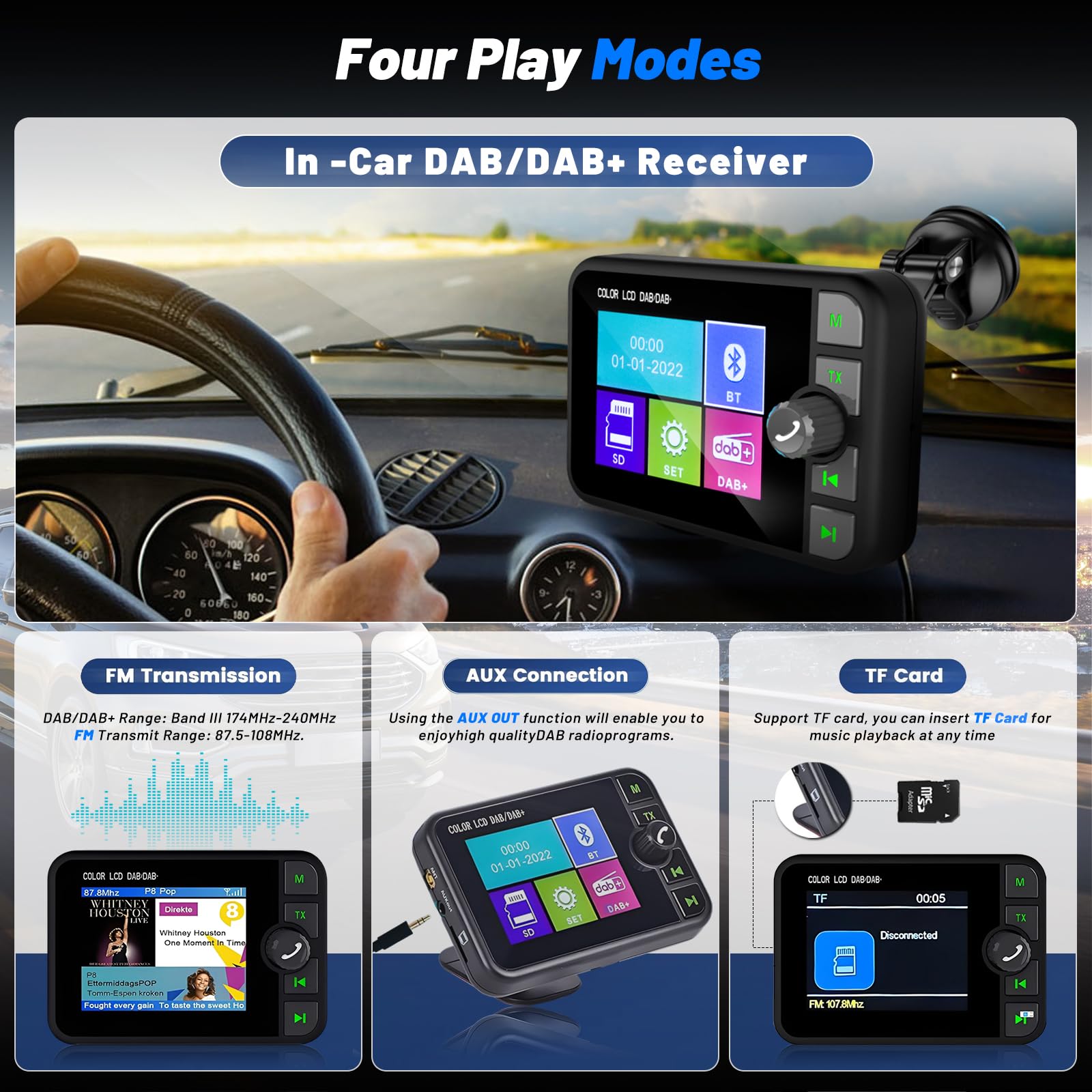 DAB/DAB+ Adapter für Auto - 2,4 Zoll LCD Display mit FM-Sender & Bluetooth für Autoradio - AUX-Eingang & TF-Karten MP3-Player - Autoscan & Service-Following Funktion