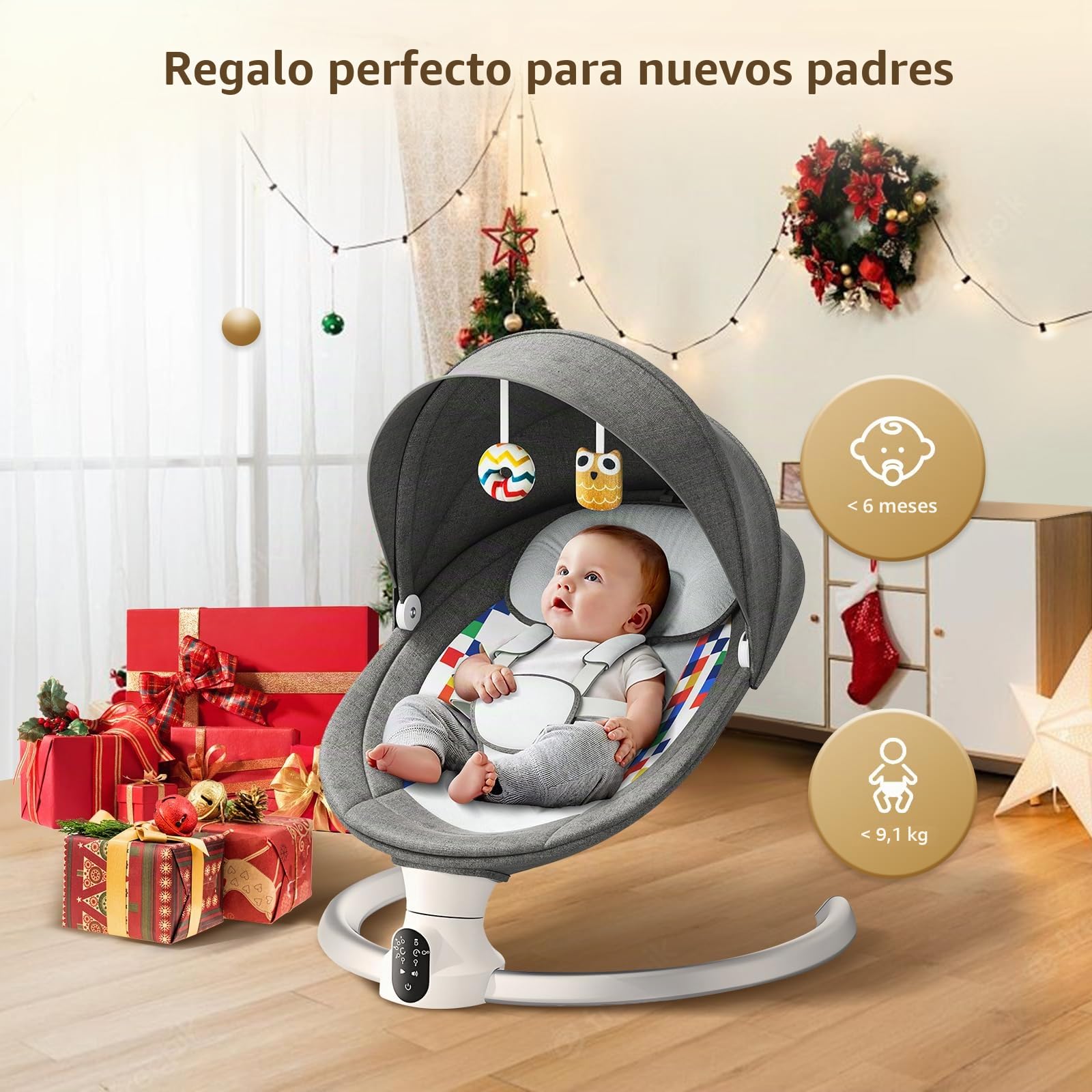 Bouncer eléctrico para bebés con 5 amplitudes de Swing Temporizador de 3 etapas, Silla de Gorila para bebés con Control de Bluetooth y Control Remoto, 12 Canciones de Cuna preestablecidas