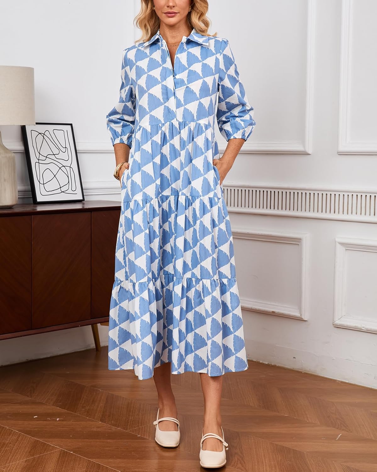 Women's Button Down Maxi Shirt Dress Collared 3/4 Sleeve Plaid Long Dress Casual Flowy V Neck Tiered Cotton Maxi Dress - Image 6