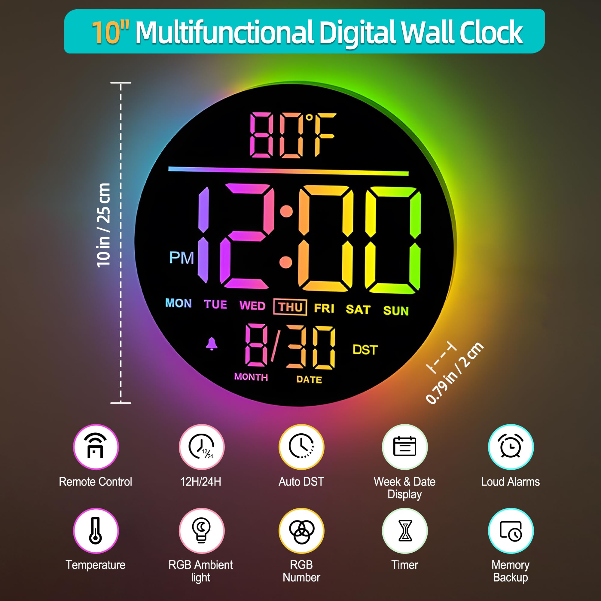 Maxstar Große Digitale Wanduhr mit Fernbedienung, 10-Zoll-Runduhr,8 RGB Farben, Modernes LED Display, Automatische Helligkeit, Sommerzeit, Temperatur, Wecker für Wohnzimmer, Schlafzimmer, Küche Dekor