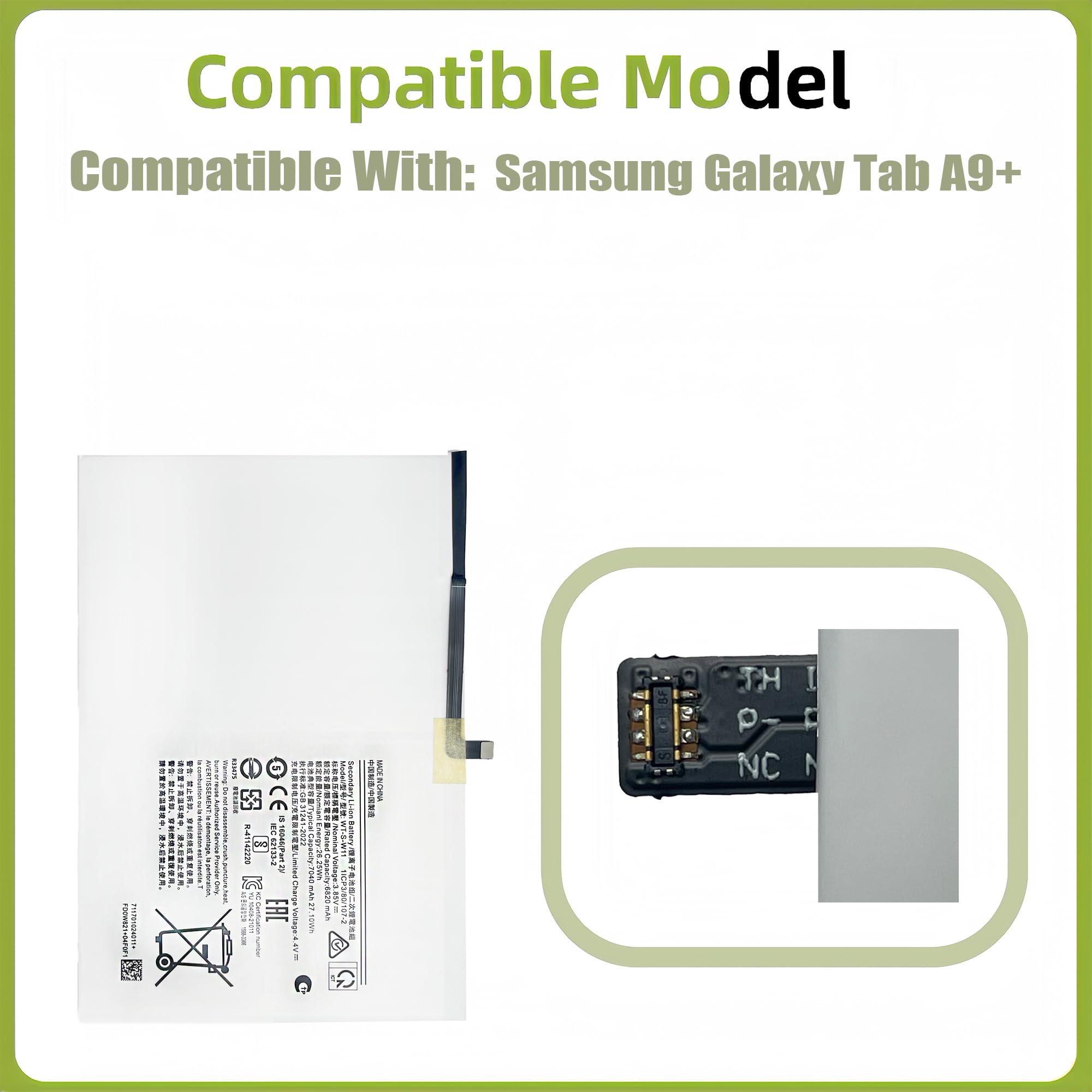 WT-S-W11 - Batteria di ricambio compatibile con Samsung Galaxy Tab A9+ SM-X210, SM-X215, SM-X216B con kit di attrezzi