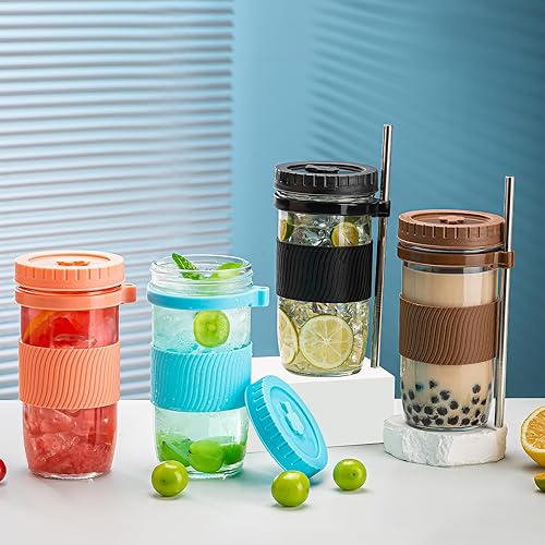 Miniatura 7 de Paquete de 2 tazas de té de burbujas, tazas de café helado de 24 onzas, tarro Mason con pajitas y 2 tapas herméticas, taza reutilizable de boca