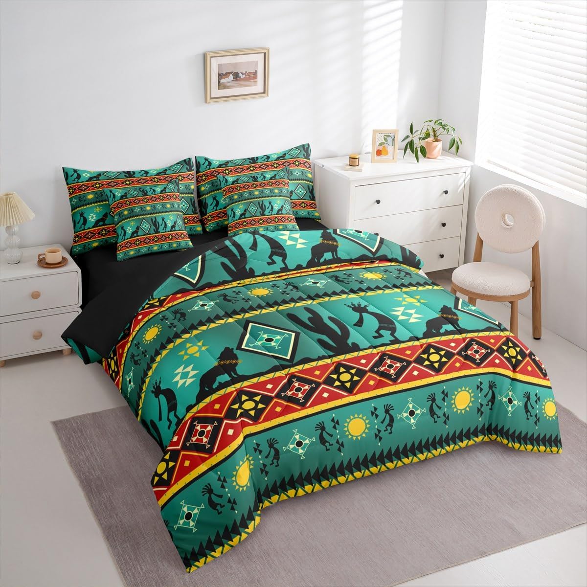 Erosebridal Western Comforter Set 7 Piece Bed in a Bag Twin,Native American Indian Style Bedding Sets Exotic Geometric Aztec Sheet Set with Comforter