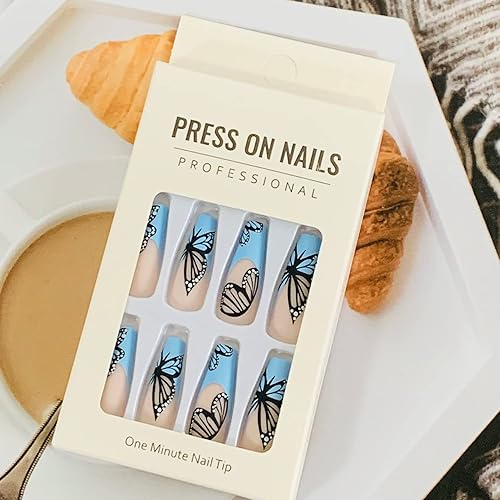 Miniatura 5 de Uñas postizas a presión de longitud cuadrada larga, cobertura completa, reutilizables, uñas postizas de bailarina, uñas adhesivas con diseños de