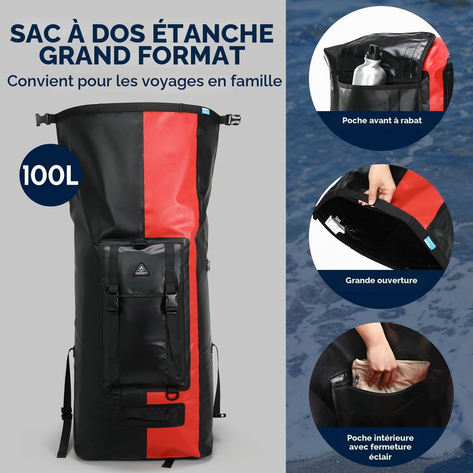 Haimont Grand sac à dos étanche avec dessus enroulable IPX7 pour voyage, camping, randonnée, bateau, moto, kayak, 60 L/100 L