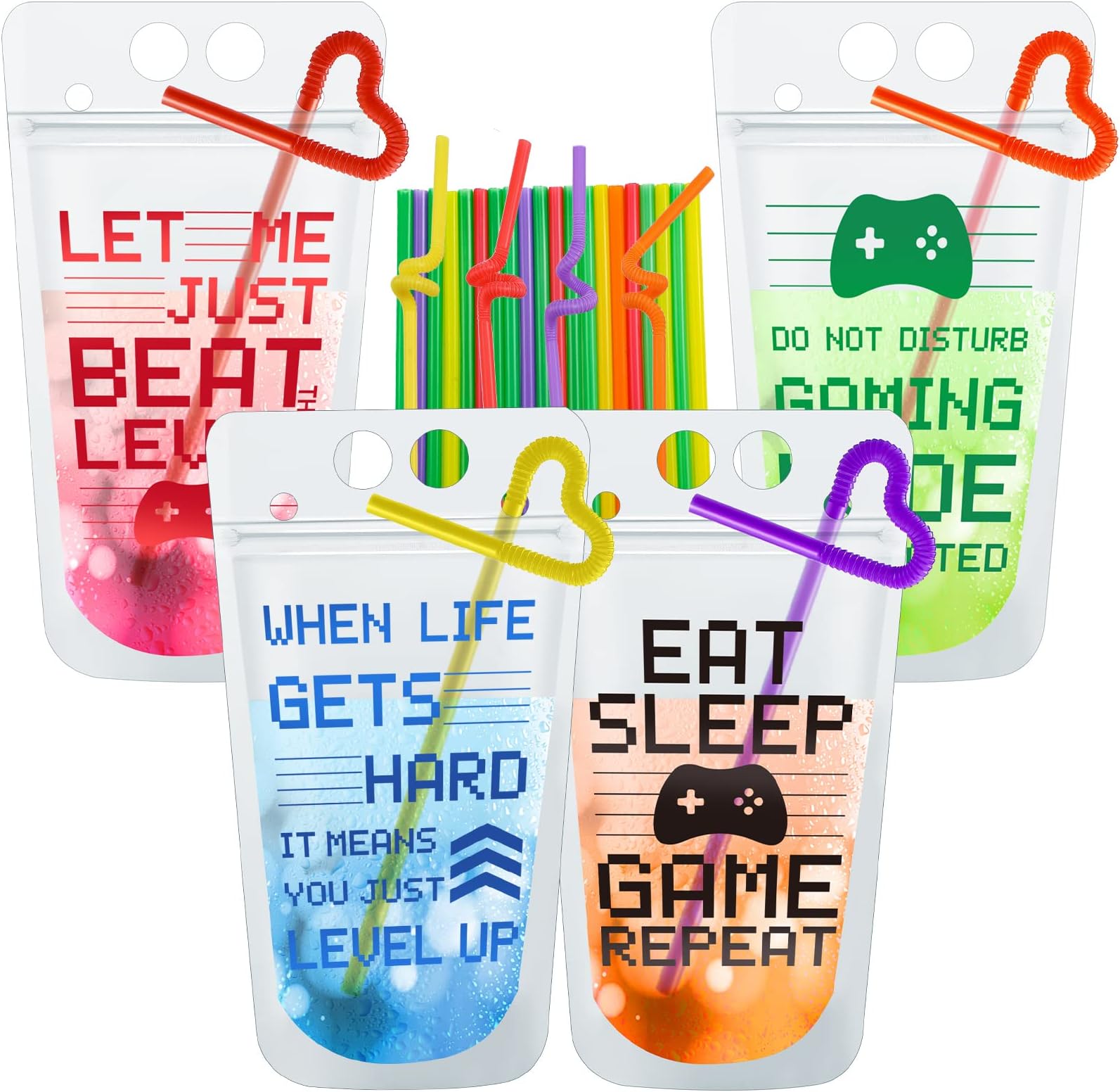 24 Pcs Video Game Party Favors Cups Video Gaming Themed Plastic Drink Pouches with Straws Clear Zipper Bags Reusable Pouches for Birthday Decor Party Favors Gift Prizes (Red/blue/green/orange)
